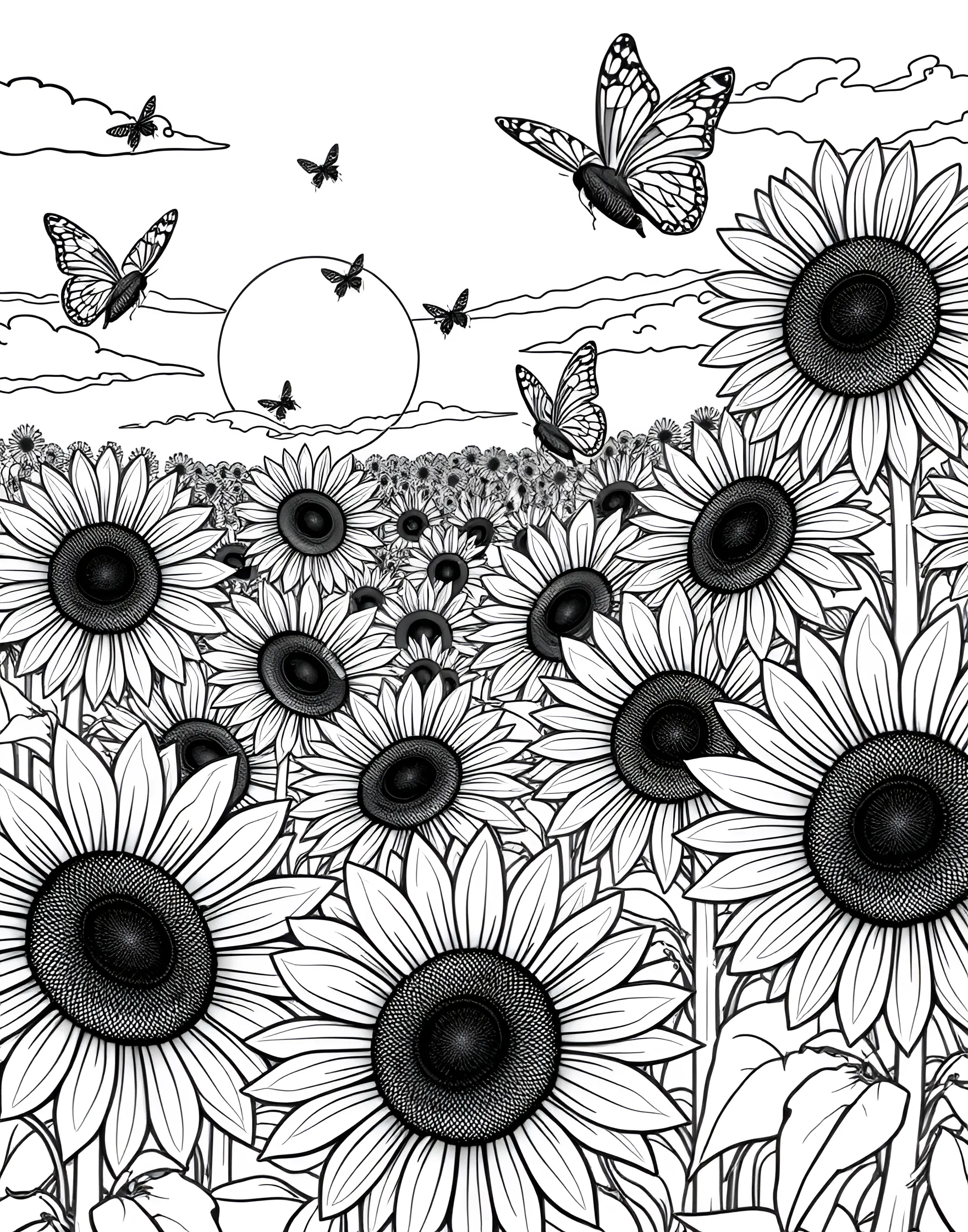 Sunflower Field Splendor Coloring Page -- prompt: "A vast field of sunflowers with butterflies and bees on a sunny day." -- Bask in the beauty of summer flora with this stunning sunflower field scene. Rows of tall sunflowers stretch towards the sun, with butterflies and bees hovering nearby. This page offers a chance to bring the warm golden hues of summer to life.