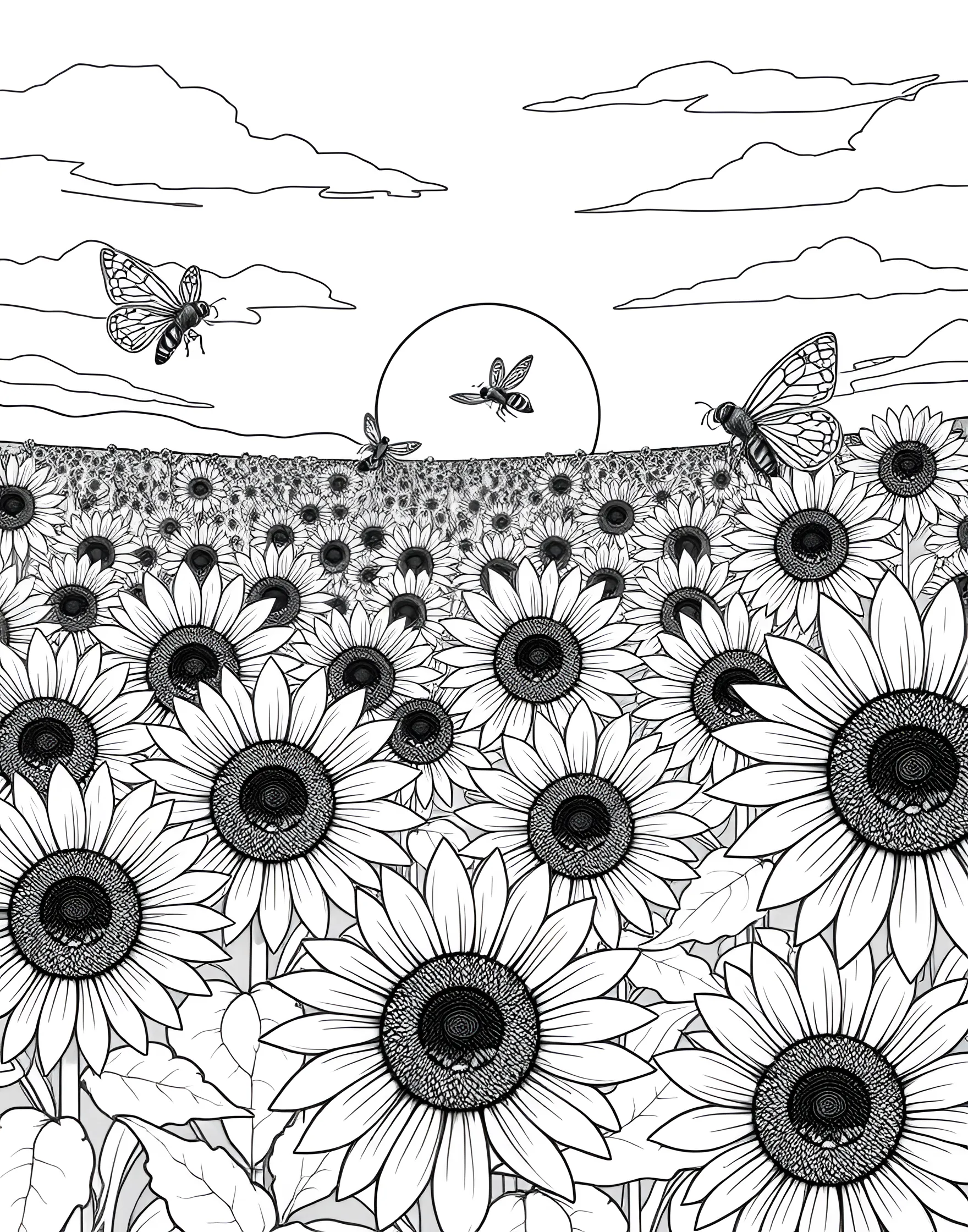 Sunflower Field Splendor Coloring Page -- prompt: "A vast field of sunflowers with butterflies and bees on a sunny day." -- Bask in the beauty of summer flora with this stunning sunflower field scene. Rows of tall sunflowers stretch towards the sun, with butterflies and bees hovering nearby. This page offers a chance to bring the warm golden hues of summer to life.