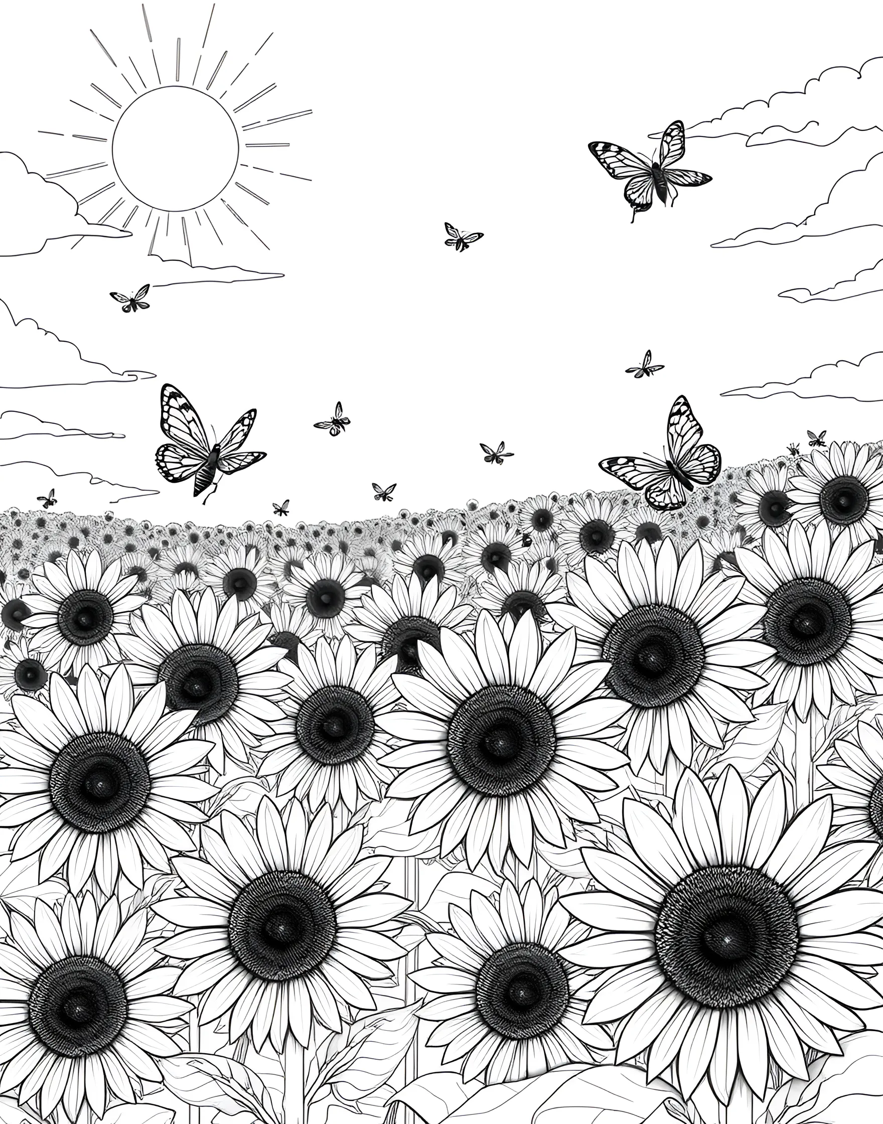 Sunflower Field Splendor Coloring Page -- prompt: "A vast field of sunflowers with butterflies and bees on a sunny day." -- Bask in the beauty of summer flora with this stunning sunflower field scene. Rows of tall sunflowers stretch towards the sun, with butterflies and bees hovering nearby. This page offers a chance to bring the warm golden hues of summer to life.