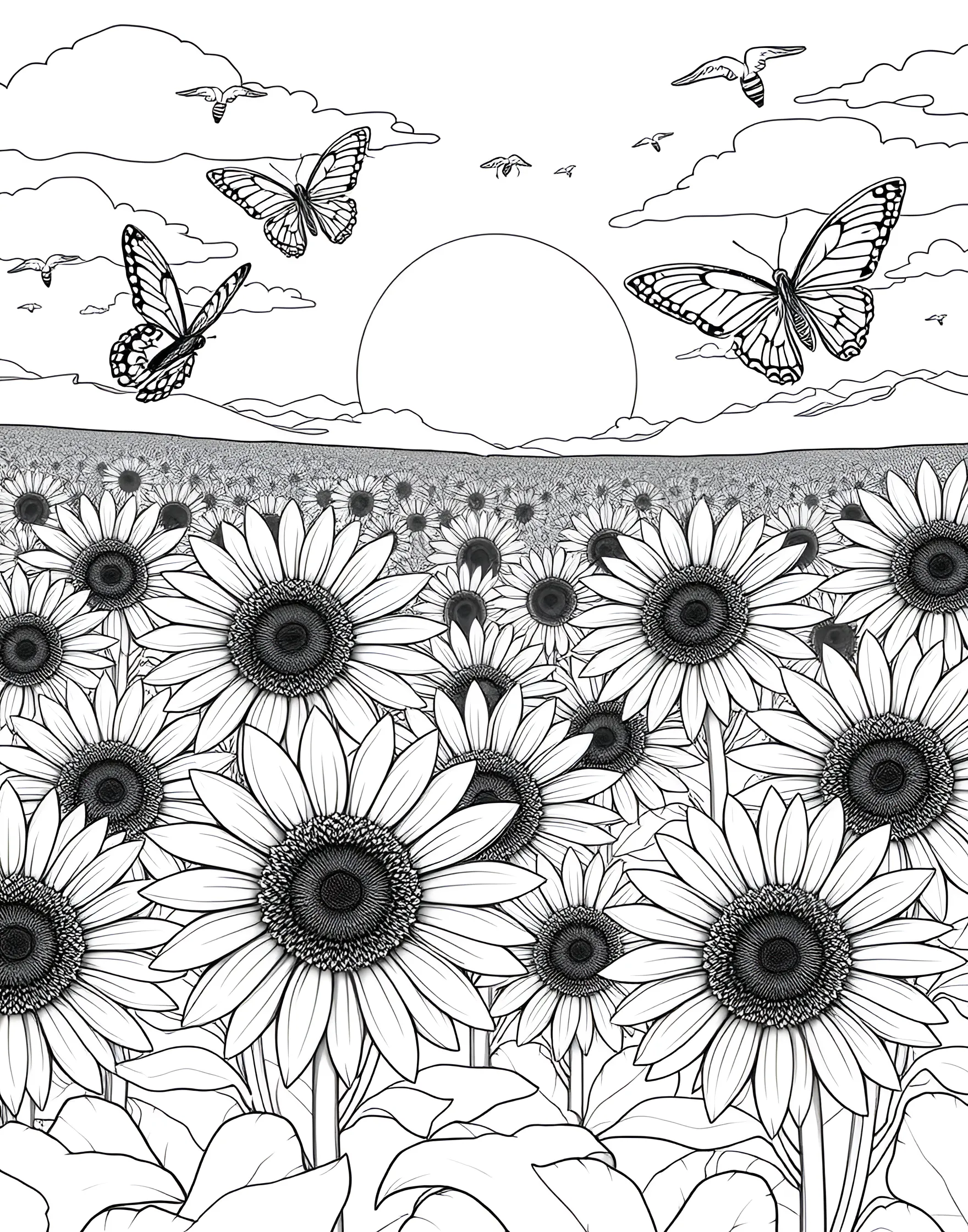 Sunflower Field Splendor Coloring Page -- prompt: "A vast field of sunflowers with butterflies and bees on a sunny day." -- Bask in the beauty of summer flora with this stunning sunflower field scene. Rows of tall sunflowers stretch towards the sun, with butterflies and bees hovering nearby. This page offers a chance to bring the warm golden hues of summer to life.