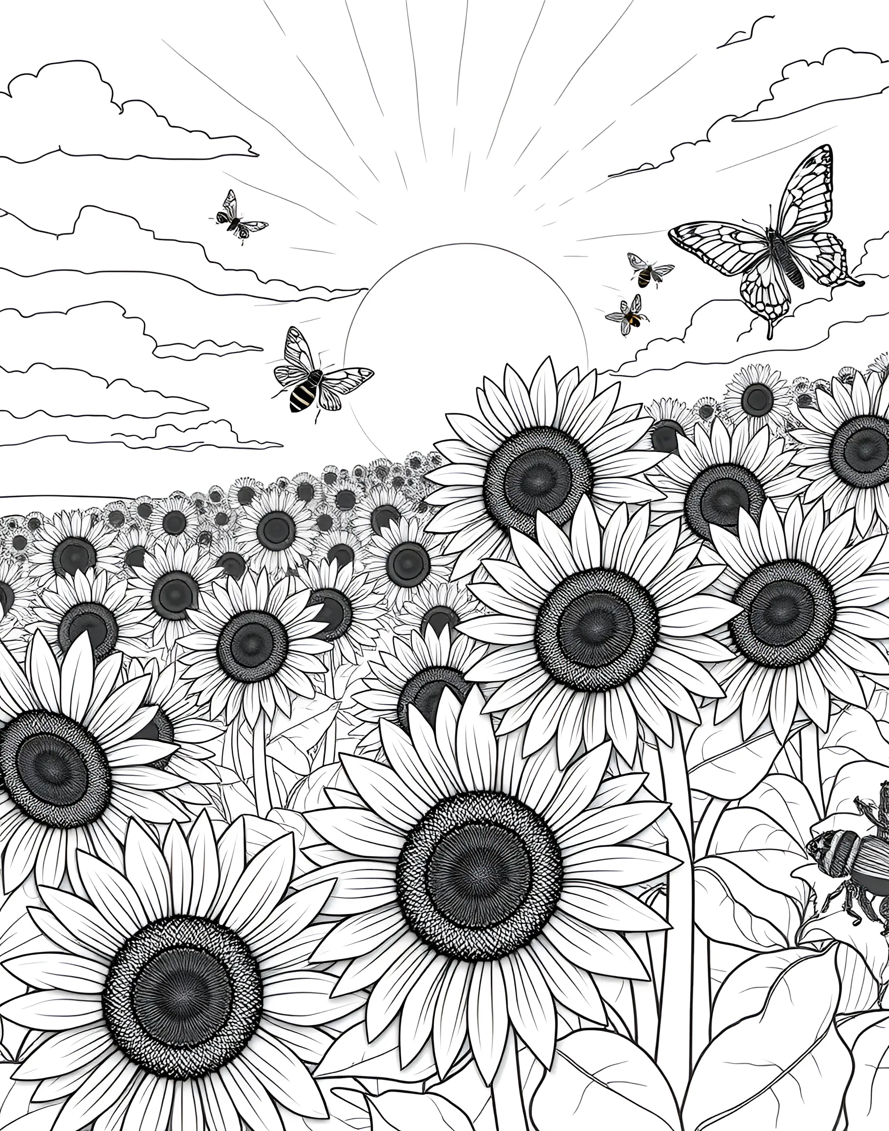 Sunflower Field Splendor Coloring Page -- prompt: "A vast field of sunflowers with butterflies and bees on a sunny day." -- Bask in the beauty of summer flora with this stunning sunflower field scene. Rows of tall sunflowers stretch towards the sun, with butterflies and bees hovering nearby. This page offers a chance to bring the warm golden hues of summer to life.