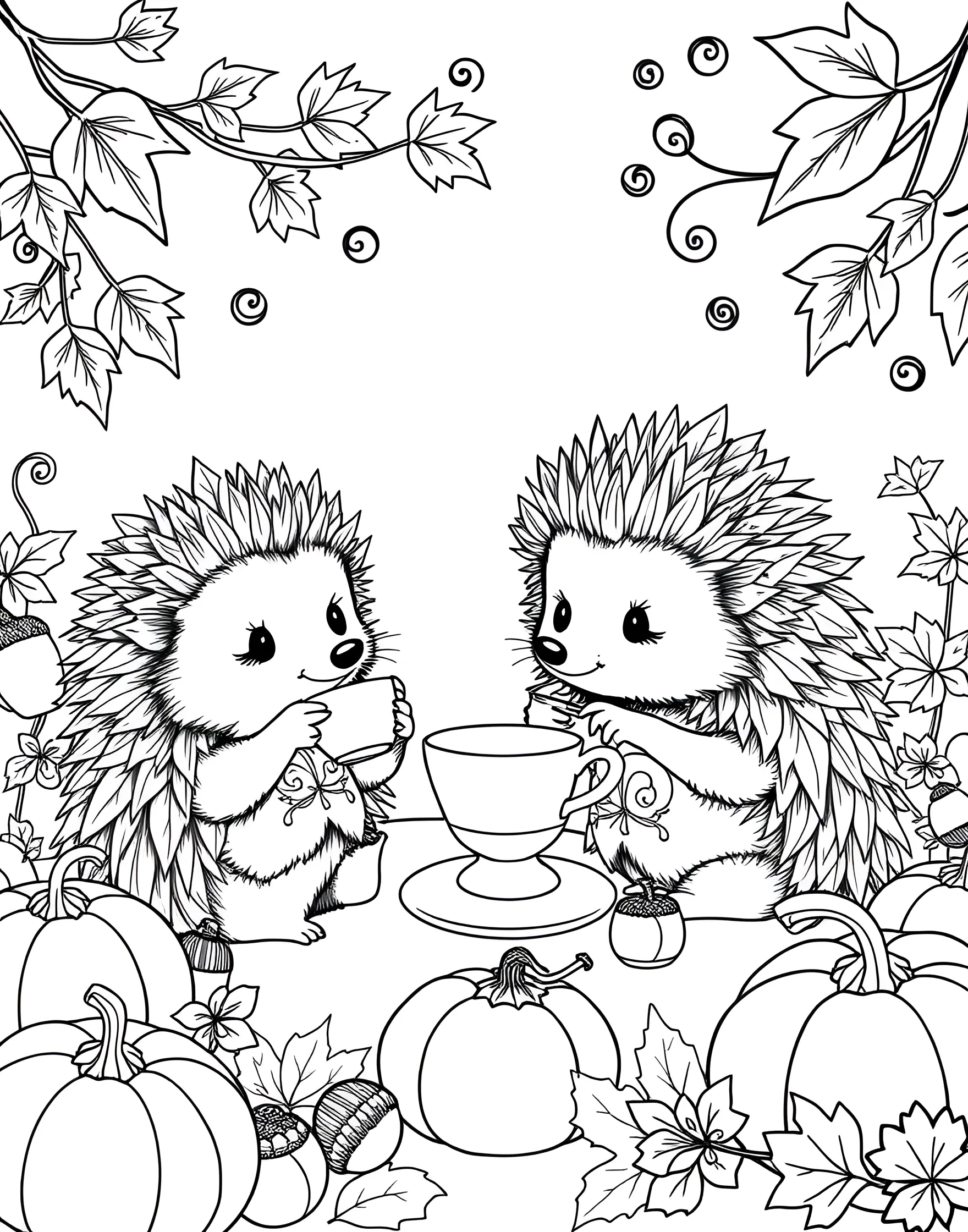 Hedgehog's Autumn Leaf Costume Party Coloring Page -- prompt: "Cute hedgehogs wearing autumn leaf costumes at a fall-themed party." -- Celebrate fall fashion with this charming coloring page depicting hedgehogs at an autumn leaf costume party. The scene shows hedgehogs dressed in various colorful leaf costumes, playing games, and enjoying autumn treats. It's a delightful and cute blend of hedgehog adorableness and autumn festivities.