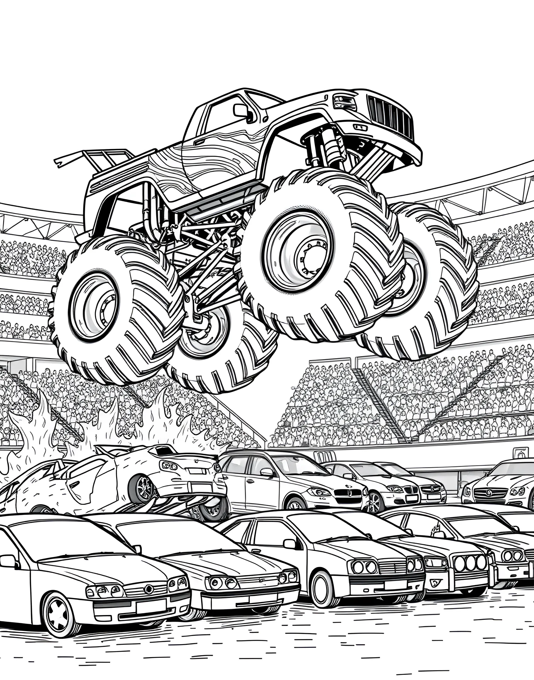 Monster Truck Jumping Over Cars Coloring Page -- prompt: "A monster truck jumping over a row of crushed cars in a stadium setting." -- Get ready for some high-octane excitement with this action-packed monster truck coloring page. The massive vehicle is shown mid-jump, soaring over a line of crushed cars. With its oversized wheels and powerful design, this page is sure to be a hit with fans of extreme motorsports.