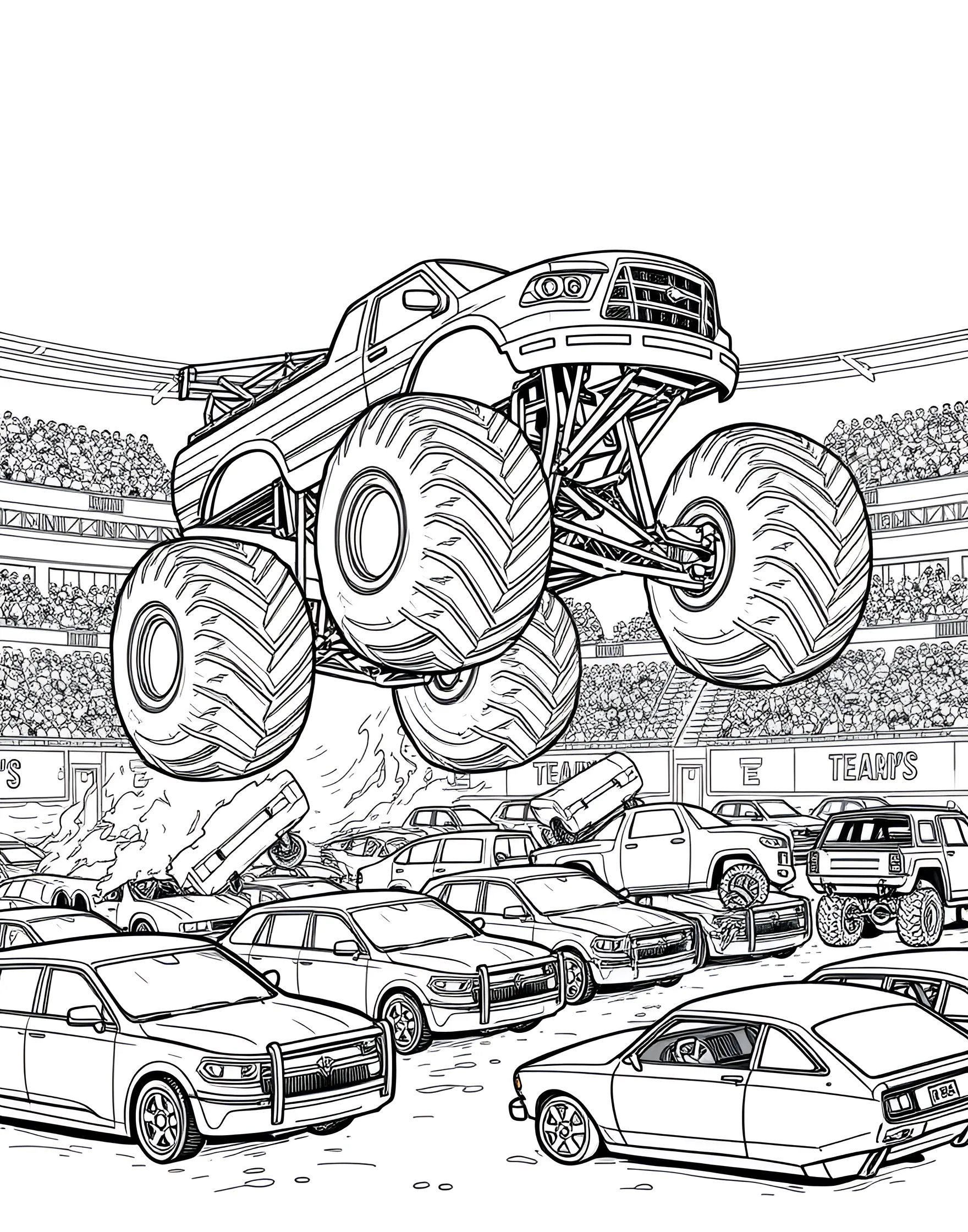 Monster Truck Jumping Over Cars Coloring Page -- prompt: "A monster truck jumping over a row of crushed cars in a stadium setting." -- Get ready for some high-octane excitement with this action-packed monster truck coloring page. The massive vehicle is shown mid-jump, soaring over a line of crushed cars. With its oversized wheels and powerful design, this page is sure to be a hit with fans of extreme motorsports.