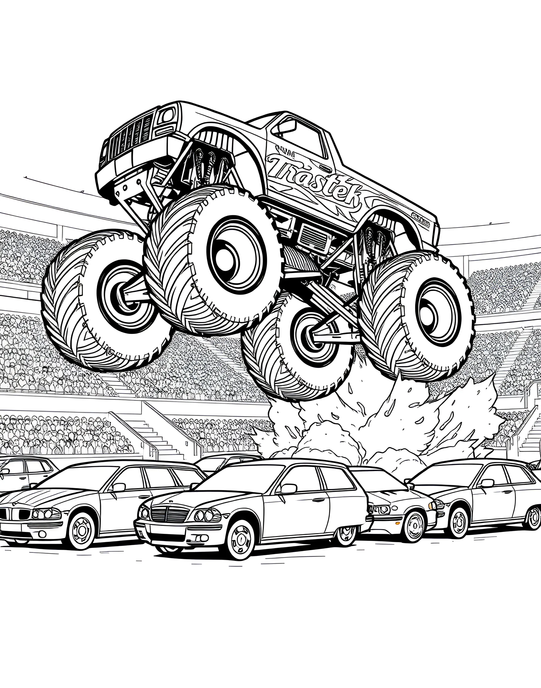 Monster Truck Jumping Over Cars Coloring Page -- prompt: "A monster truck jumping over a row of crushed cars in a stadium setting." -- Get ready for some high-octane excitement with this action-packed monster truck coloring page. The massive vehicle is shown mid-jump, soaring over a line of crushed cars. With its oversized wheels and powerful design, this page is sure to be a hit with fans of extreme motorsports.