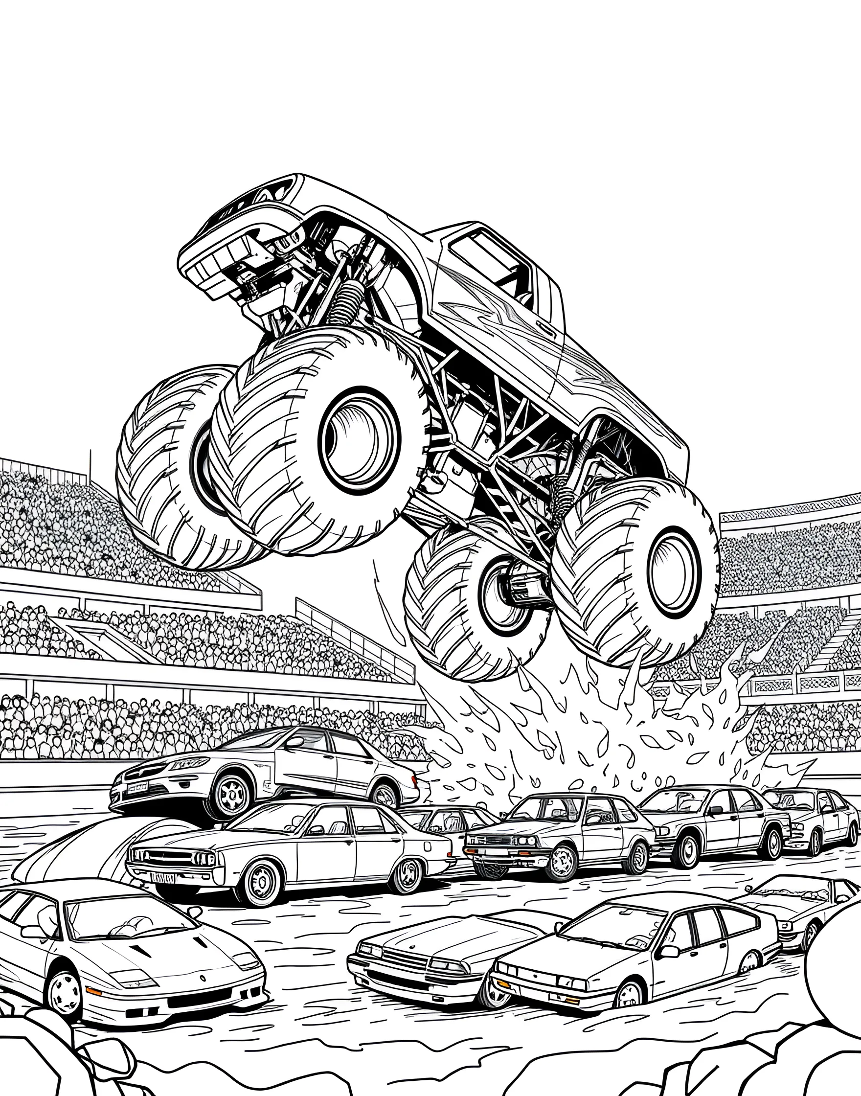 Monster Truck Jumping Over Cars Coloring Page -- prompt: "A monster truck jumping over a row of crushed cars in a stadium setting." -- Get ready for some high-octane excitement with this action-packed monster truck coloring page. The massive vehicle is shown mid-jump, soaring over a line of crushed cars. With its oversized wheels and powerful design, this page is sure to be a hit with fans of extreme motorsports.