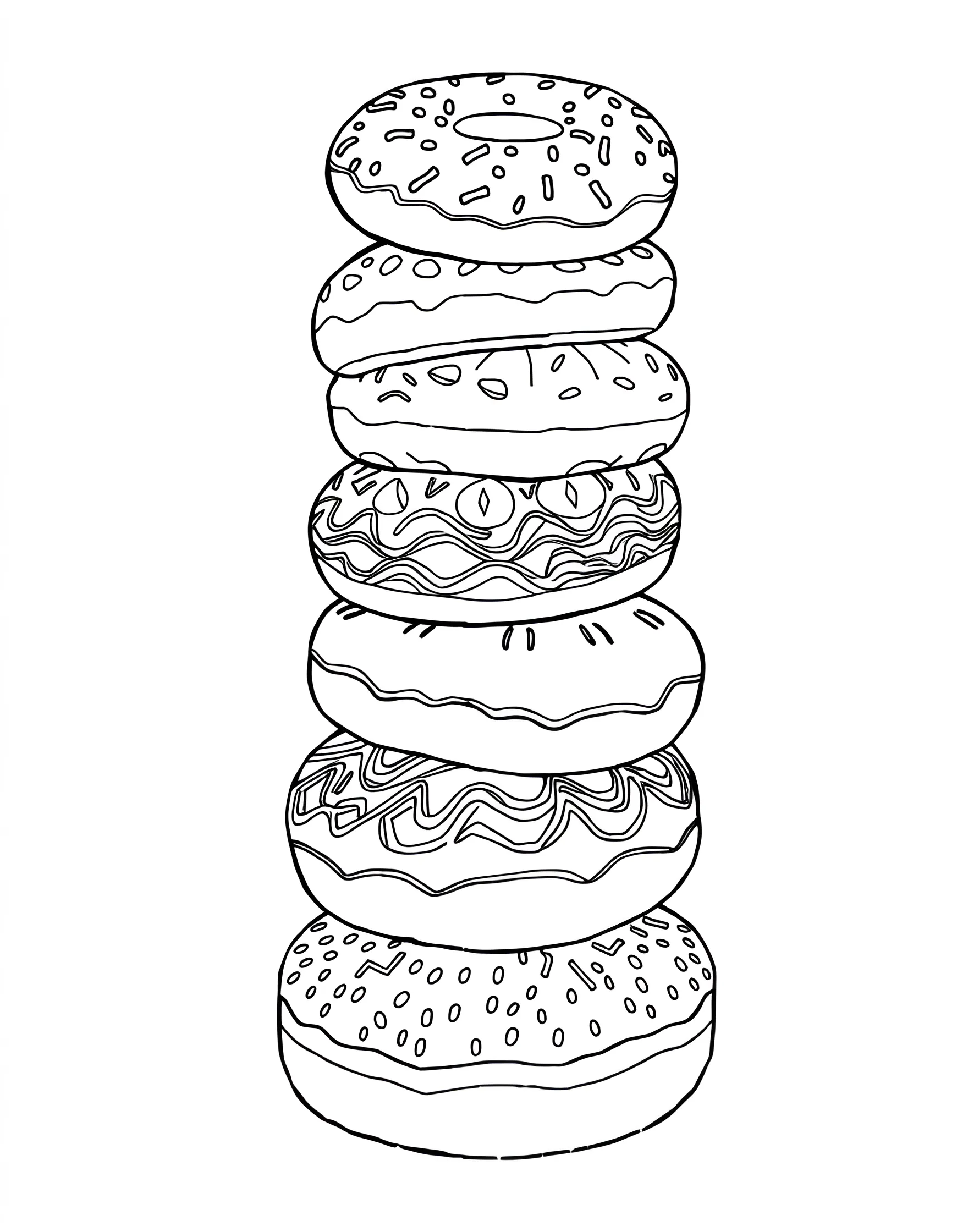 Donut Tower Challenge Coloring Page -- prompt: "A tall, wobbling tower made of various types of donuts stacked on top of each other." -- Test your coloring skills with this precarious donut tower challenge page. A tall stack of donuts balances precariously, each layer featuring a different style of donut. From plain to fancy, this page offers a variety of textures and patterns to color, making it a delightful challenge for donut enthusiasts.