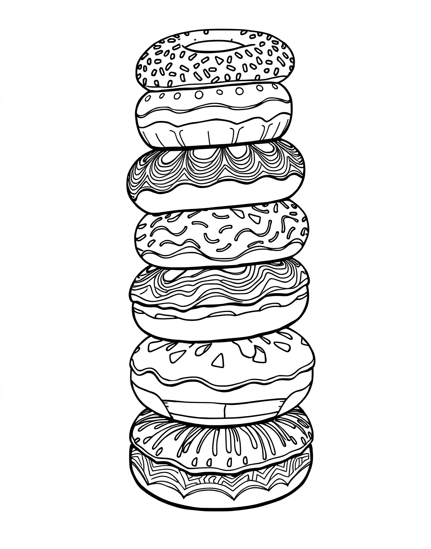 Donut Tower Challenge Coloring Page -- prompt: "A tall, wobbling tower made of various types of donuts stacked on top of each other." -- Test your coloring skills with this precarious donut tower challenge page. A tall stack of donuts balances precariously, each layer featuring a different style of donut. From plain to fancy, this page offers a variety of textures and patterns to color, making it a delightful challenge for donut enthusiasts.