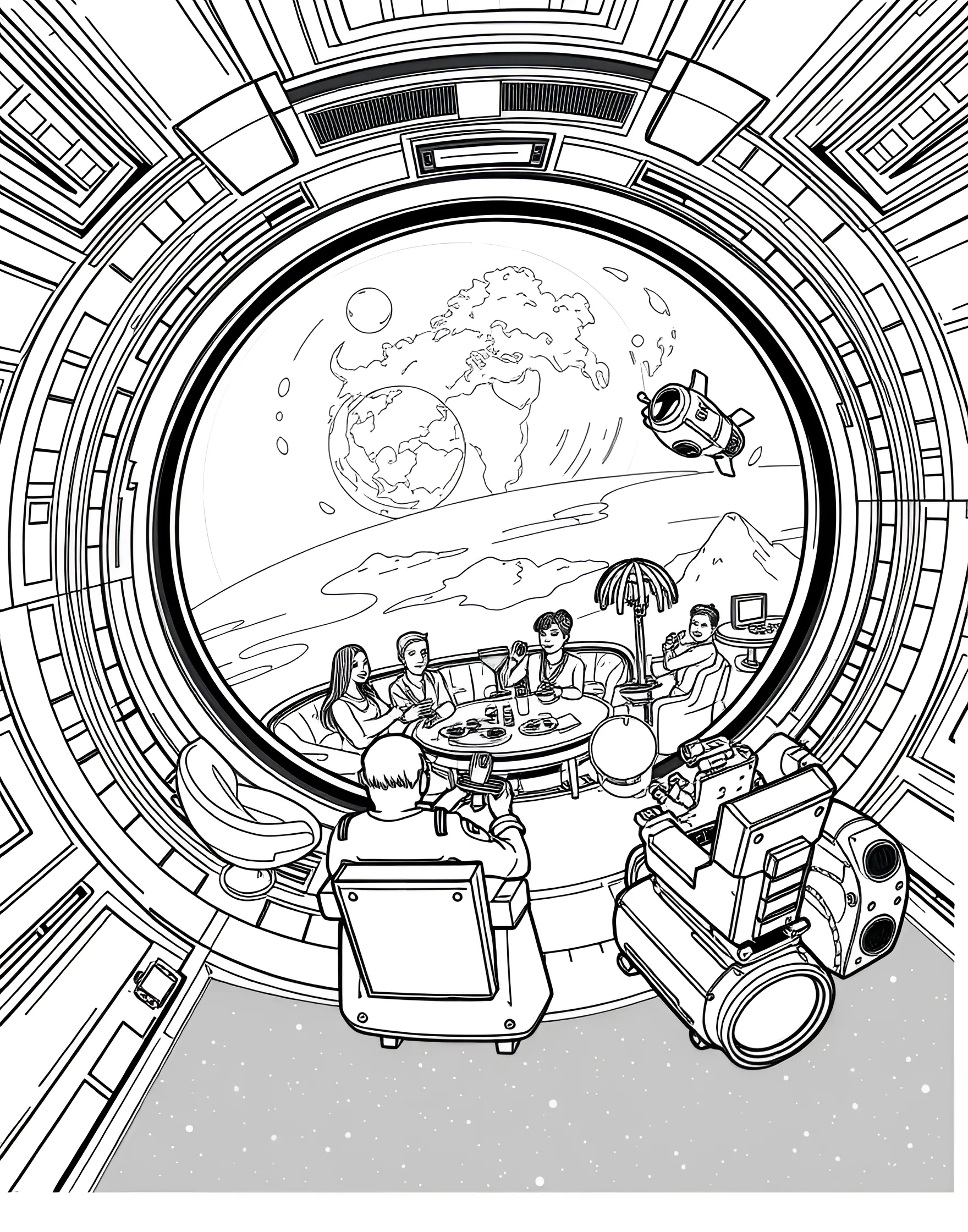 Space Hotel Luxury Coloring Page -- prompt: "A luxurious space hotel in orbit, with large windows offering views of Earth and recreational areas for guests." -- Experience the ultimate getaway with this space hotel coloring page. The orbital hotel features large viewing windows, recreational areas, and even a space pool. Earth serves as a stunning backdrop, offering guests an unparalleled view of our home planet.