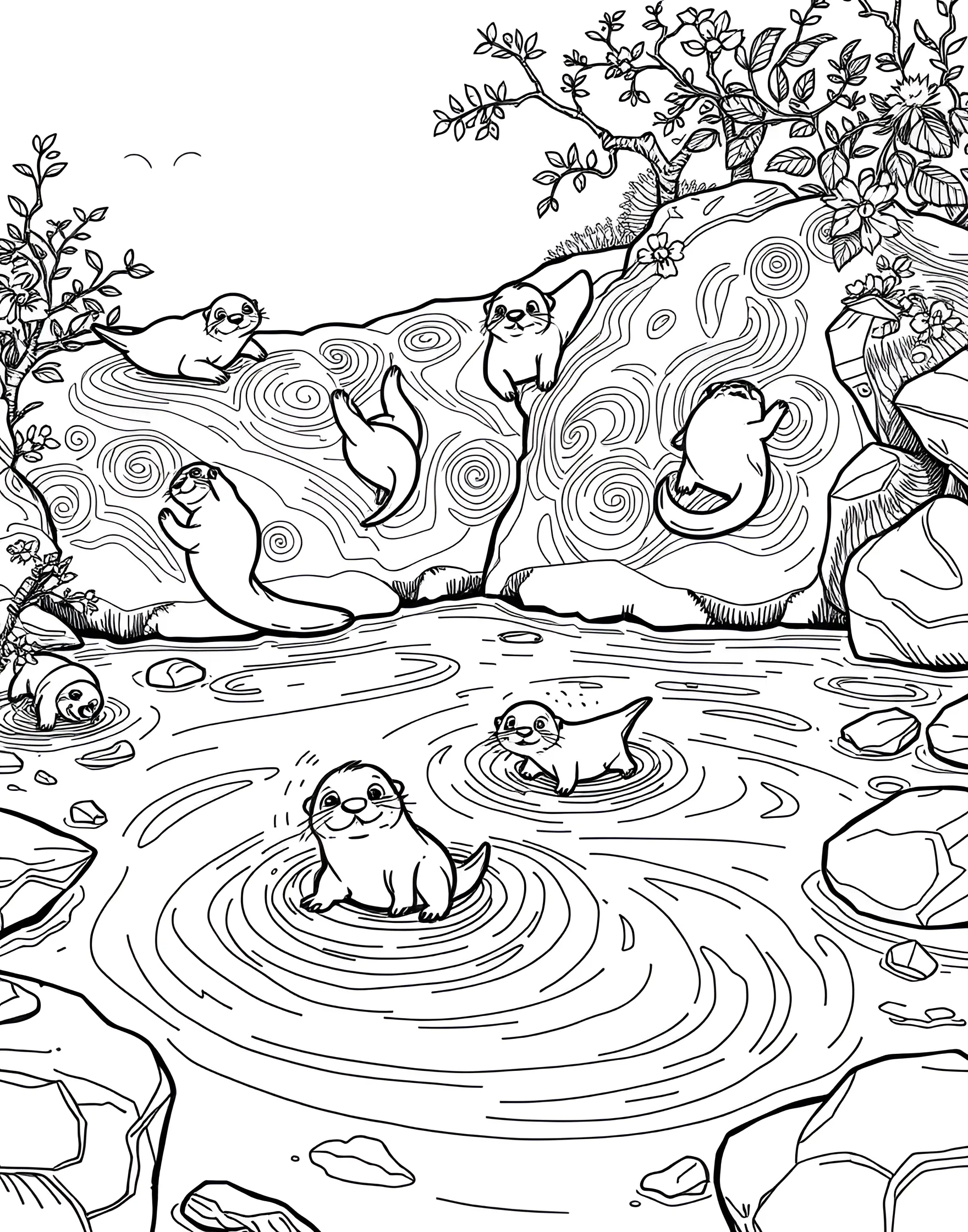 Playful Otter River Romp Coloring Page -- prompt: "A group of otters playing in and around a river, with some sliding down the bank and others swimming." -- Dive into fun with this lively coloring page of otters at play. The scene depicts a group of otters sliding down riverbanks, swimming, and frolicking in the water. This page provides a great chance to learn about semi-aquatic mammals and river ecosystems.