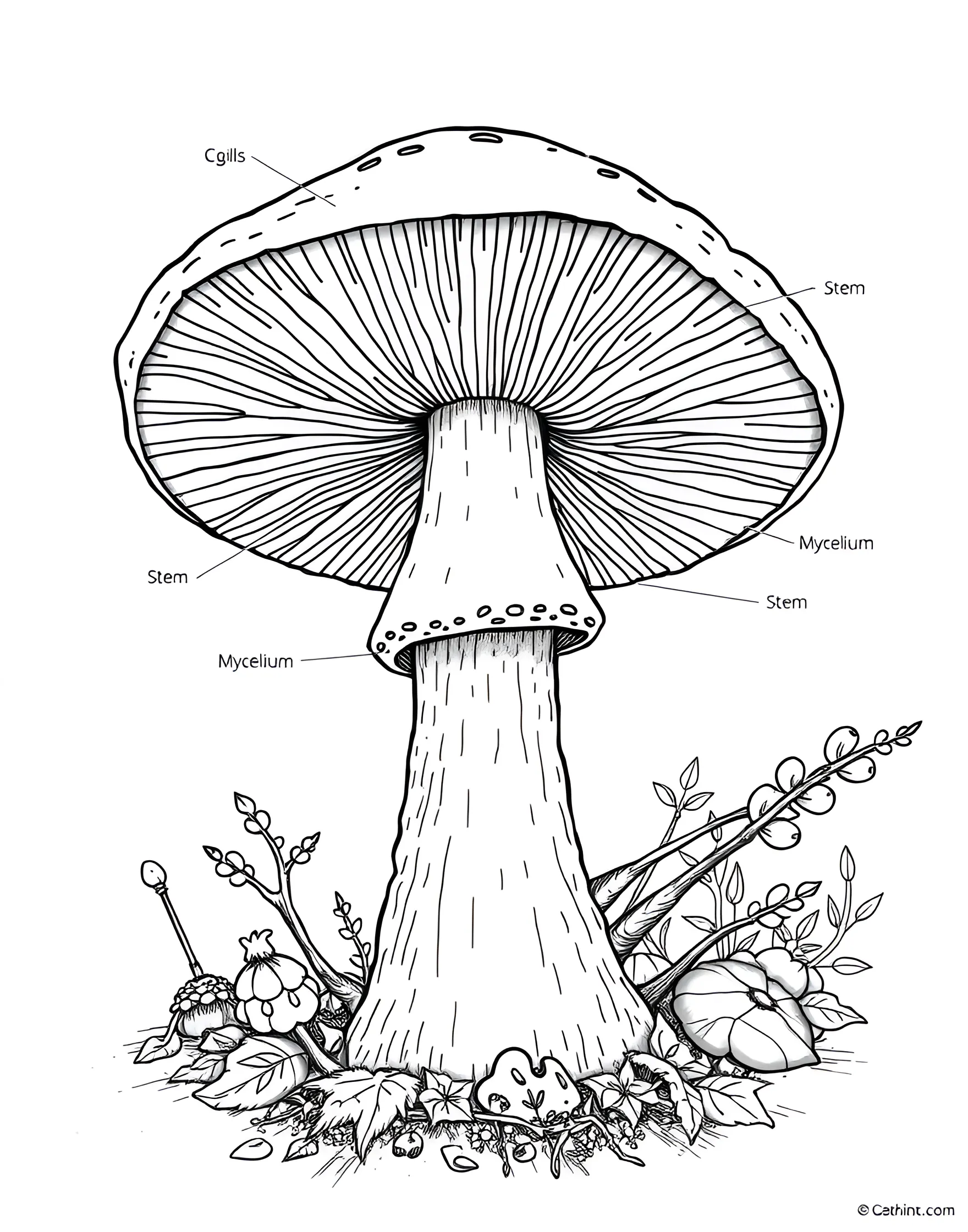 Scientific Mushroom Diagram Coloring Page -- prompt: "A large, detailed cross-section diagram of a mushroom with labeled parts." -- Dive into the world of mycology with this educational mushroom diagram coloring page. A large, detailed mushroom illustration is labeled with its different parts, offering a blend of art and science. This page is excellent for older children and adults interested in learning about mushroom anatomy while coloring.