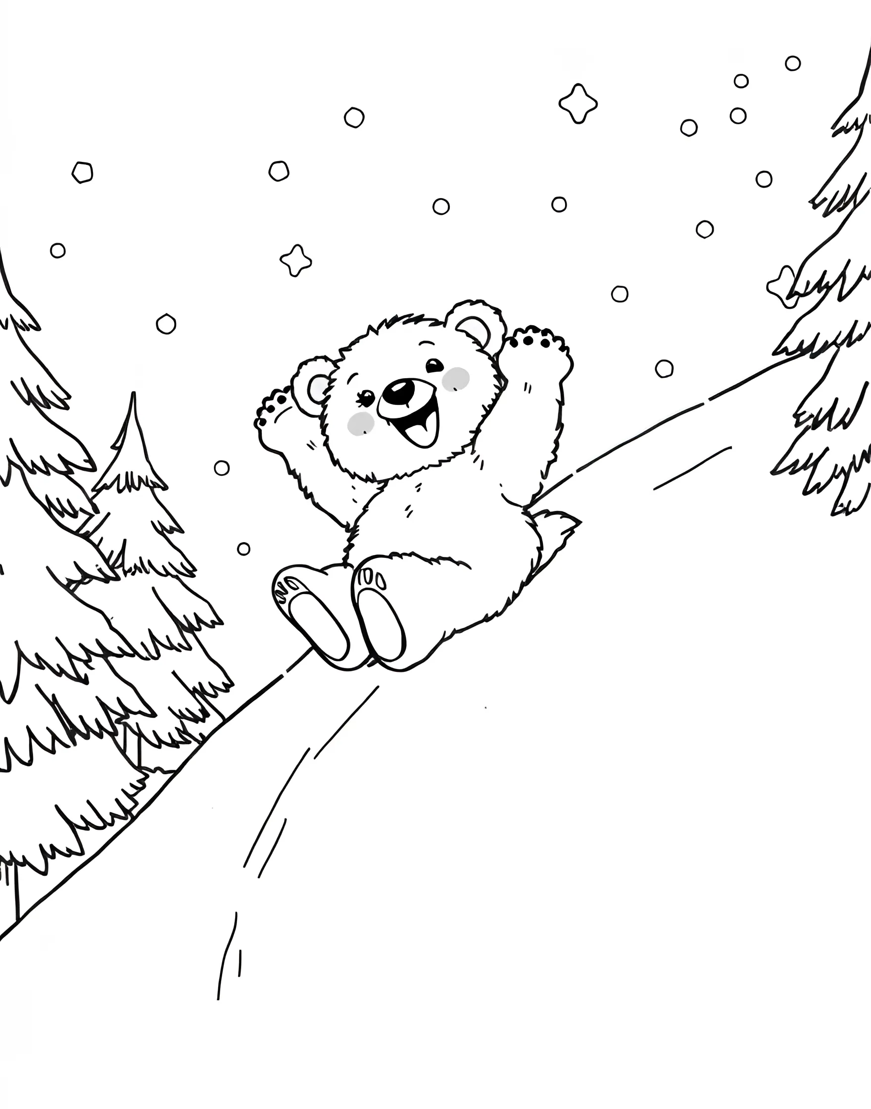 Bear Cub Sliding Down Snowy Hill Coloring Page -- prompt: "A bear cub sliding down a snowy hill on its back, paws in the air." -- Join in the winter fun with this playful coloring page of a bear cub sliding down a snowy hill. The young bear is shown on its back, paws in the air, clearly enjoying the thrilling ride. This joyful scene captures the playful nature of bear cubs and their ability to find fun in their environment.