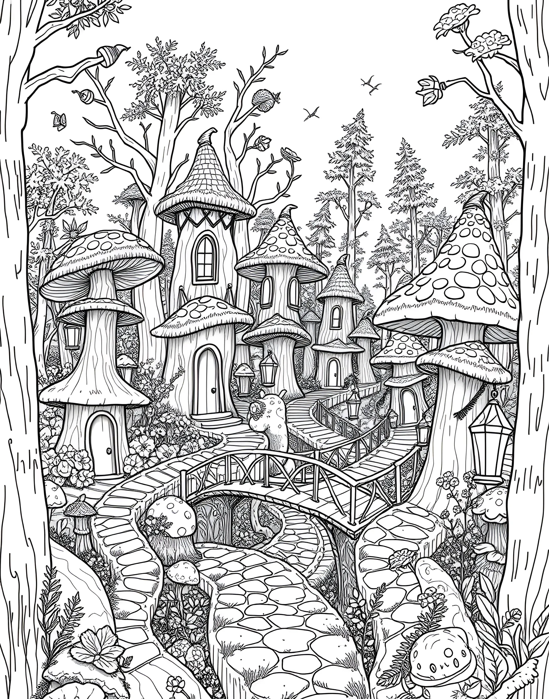 Mushroom Smurf Village Coloring Page -- prompt: "A village of mushroom houses in a forest clearing, inspired by the Smurfs' home but without depicting the characters." -- Visit a beloved cartoon world with this Smurf-inspired mushroom village coloring page. Cute mushroom houses dot a forest landscape, reminiscent of the famous blue characters' home. This nostalgic scene is perfect for fans of classic cartoons and those who appreciate whimsical village designs.