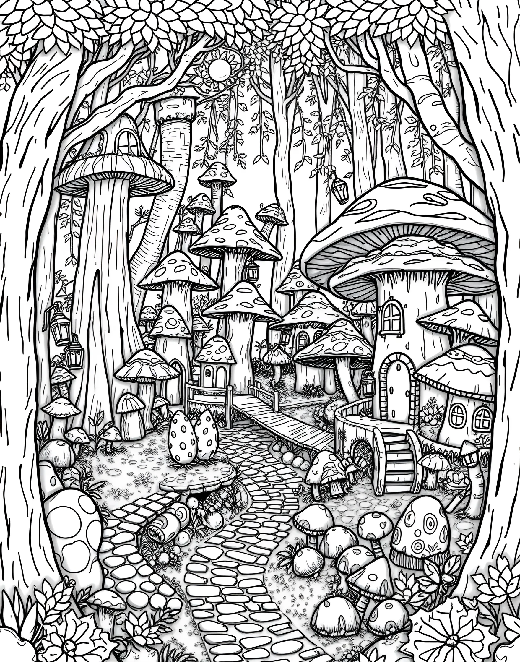 Mushroom Smurf Village Coloring Page -- prompt: "A village of mushroom houses in a forest clearing, inspired by the Smurfs' home but without depicting the characters." -- Visit a beloved cartoon world with this Smurf-inspired mushroom village coloring page. Cute mushroom houses dot a forest landscape, reminiscent of the famous blue characters' home. This nostalgic scene is perfect for fans of classic cartoons and those who appreciate whimsical village designs.