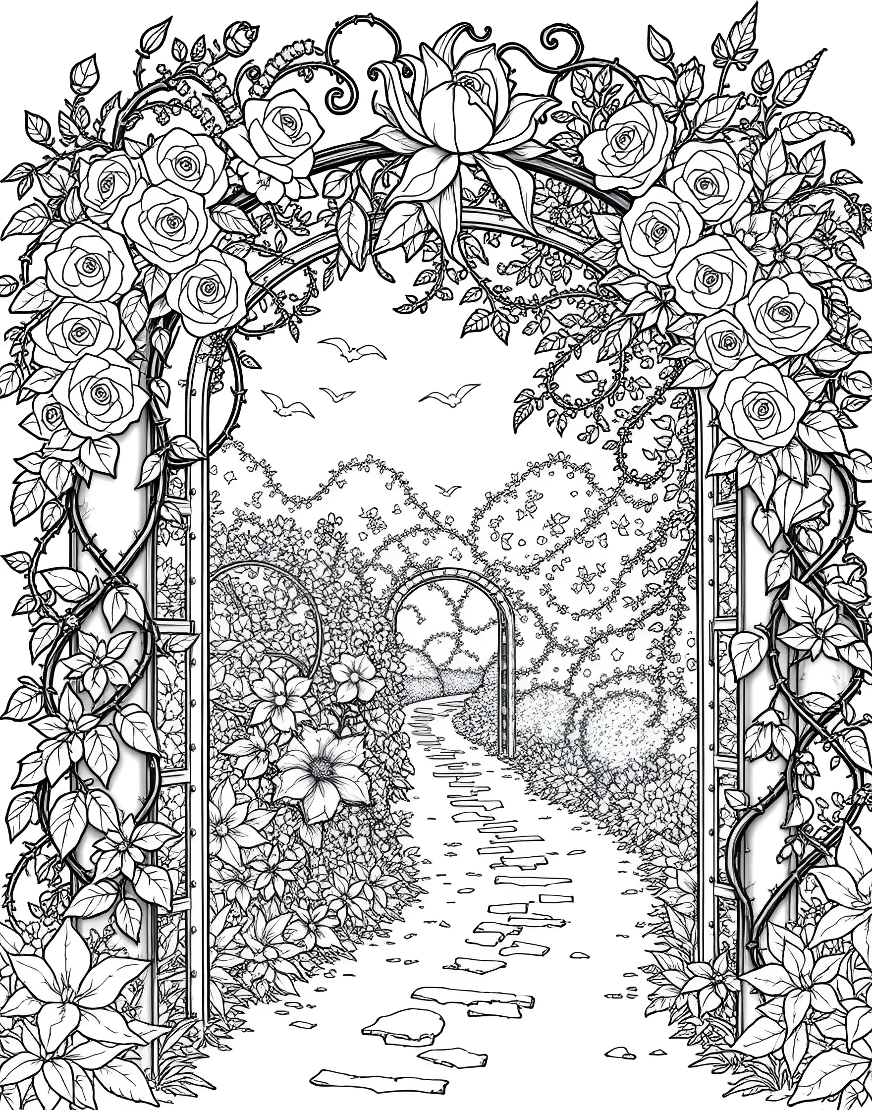 Romantic Rose Arbor Coloring Page -- prompt: "A garden arbor covered in climbing roses, creating an archway in a lush garden setting." -- Step into a scene of romance with this rose arbor coloring page. A beautiful archway covered in climbing roses creates a dreamy garden focal point. This page is ideal for those who love creating romantic, picturesque scenes in their coloring projects.