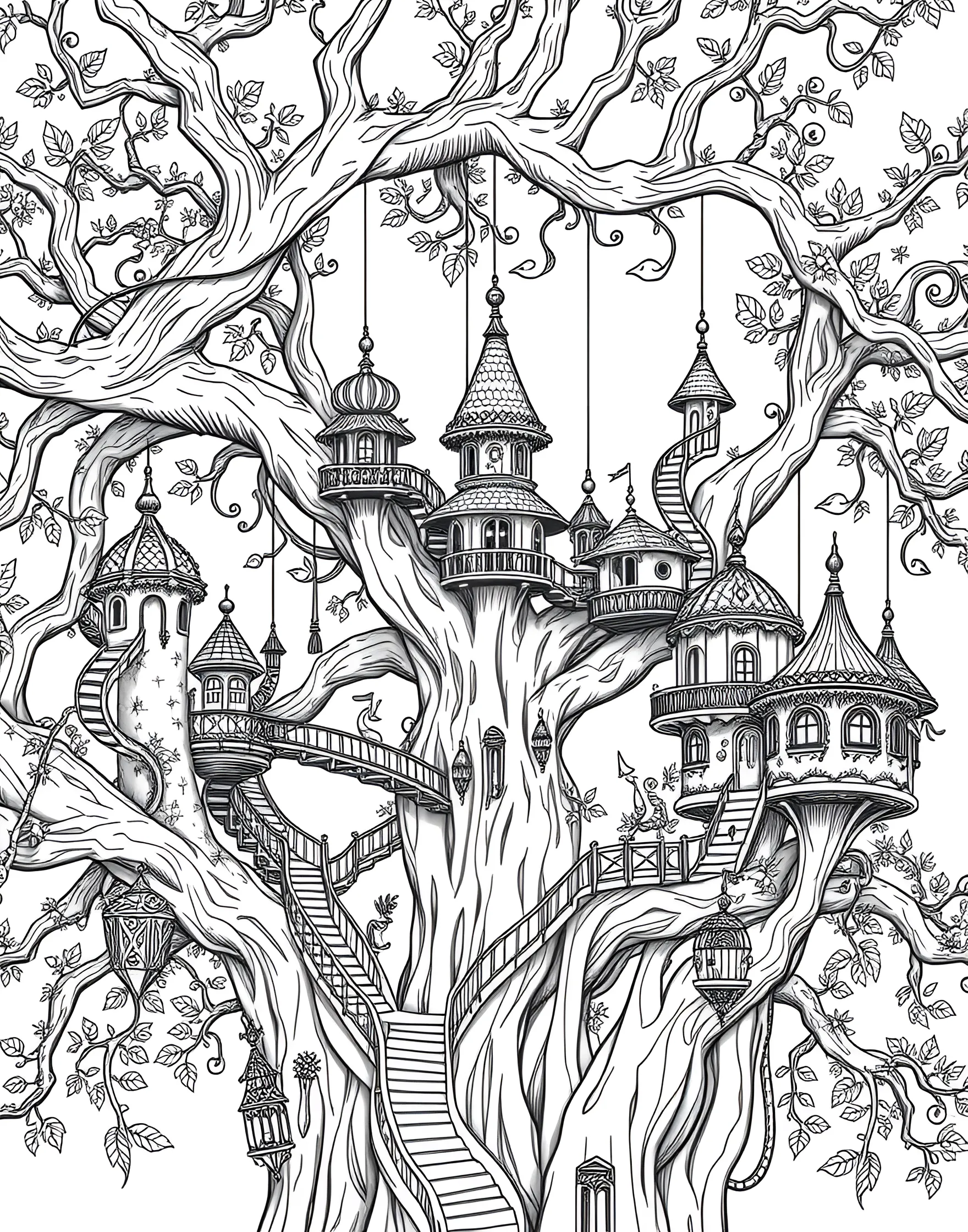 Whimsical Tree House Village Coloring Page -- prompt: "A fantastical tree house village with elaborate dwellings nestled in the branches of a large tree, designed for adult coloring." -- Enter a world of fantasy with this whimsical tree house village coloring page. Elaborate dwellings nestled in the branches of a massive tree create a charming scene full of life and detail. Let your imagination run wild as you bring this magical community to life with color.