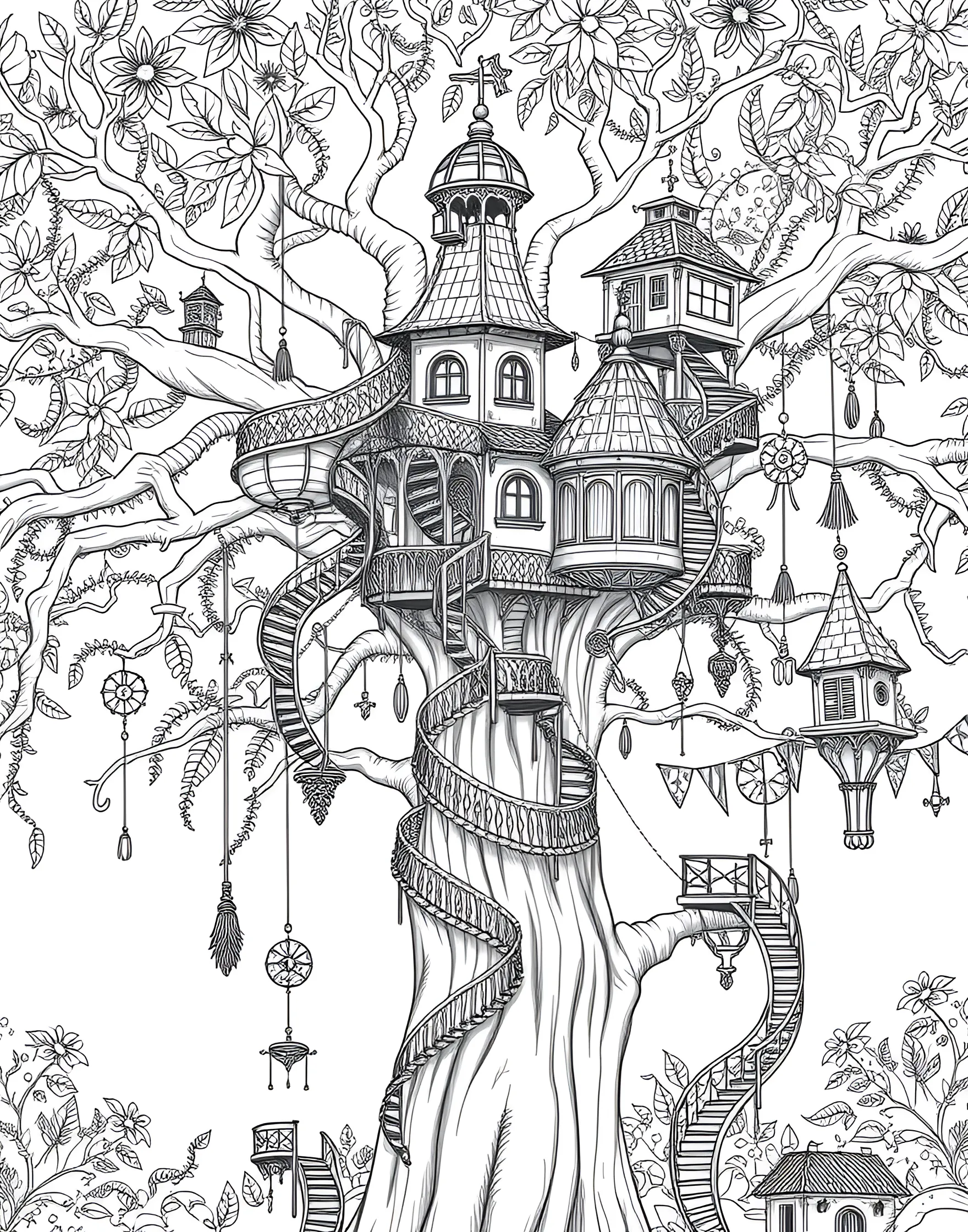 Whimsical Tree House Village Coloring Page -- prompt: "A fantastical tree house village with elaborate dwellings nestled in the branches of a large tree, designed for adult coloring." -- Enter a world of fantasy with this whimsical tree house village coloring page. Elaborate dwellings nestled in the branches of a massive tree create a charming scene full of life and detail. Let your imagination run wild as you bring this magical community to life with color.