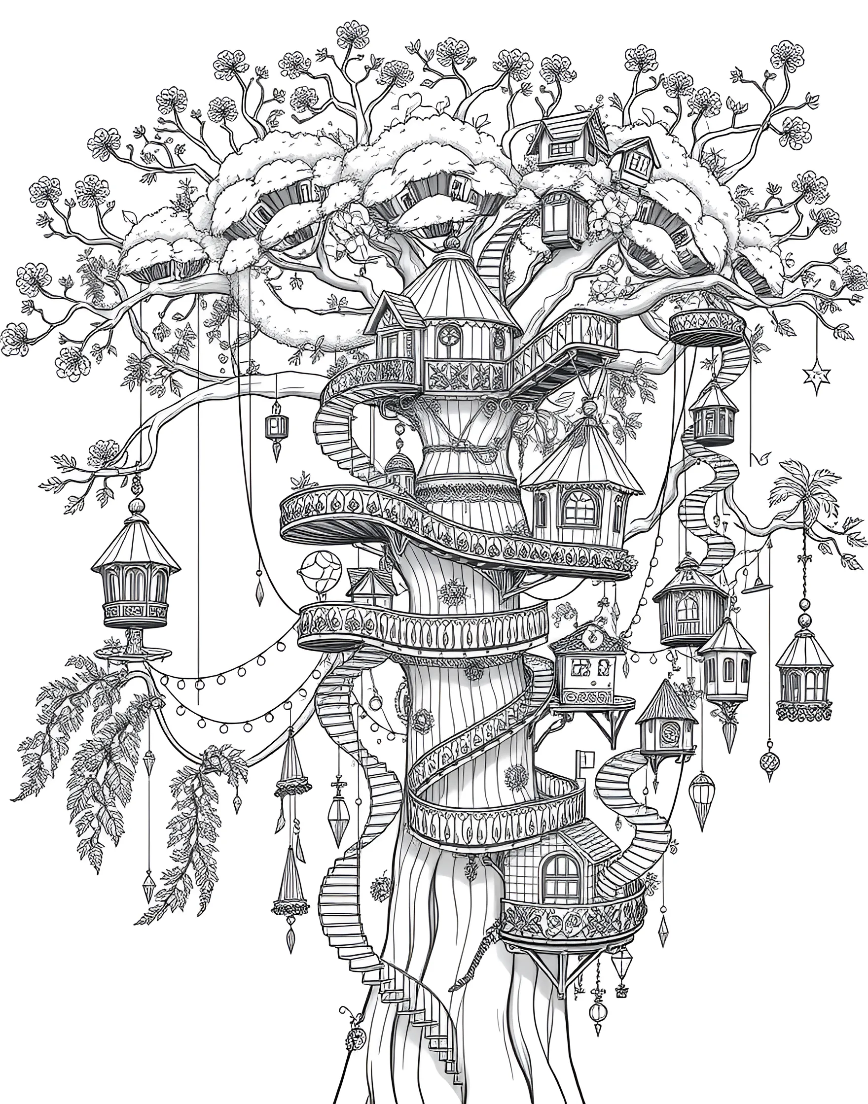 Whimsical Tree House Village Coloring Page -- prompt: "A fantastical tree house village with elaborate dwellings nestled in the branches of a large tree, designed for adult coloring." -- Enter a world of fantasy with this whimsical tree house village coloring page. Elaborate dwellings nestled in the branches of a massive tree create a charming scene full of life and detail. Let your imagination run wild as you bring this magical community to life with color.