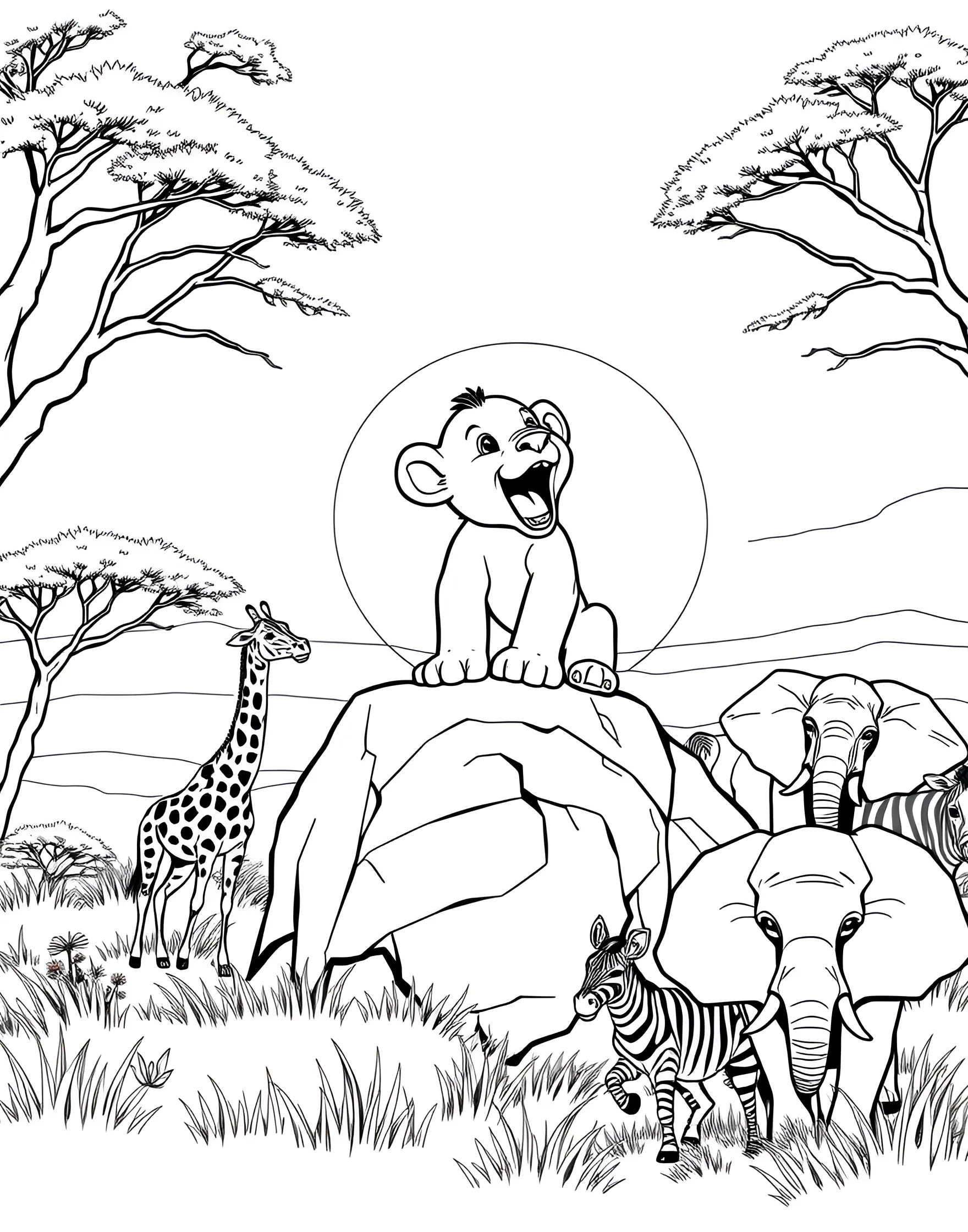 Lion Cub's First Roar Coloring Page -- prompt: "A lion cub trying to roar for the first time, with other savanna animals reacting in the background." -- This cute and comical coloring page shows a young lion cub attempting its first mighty roar. Nearby animals react with a mix of amusement and indulgence to the cub's efforts. It's a fun choice for those who enjoy coloring humorous and endearing animal scenes.