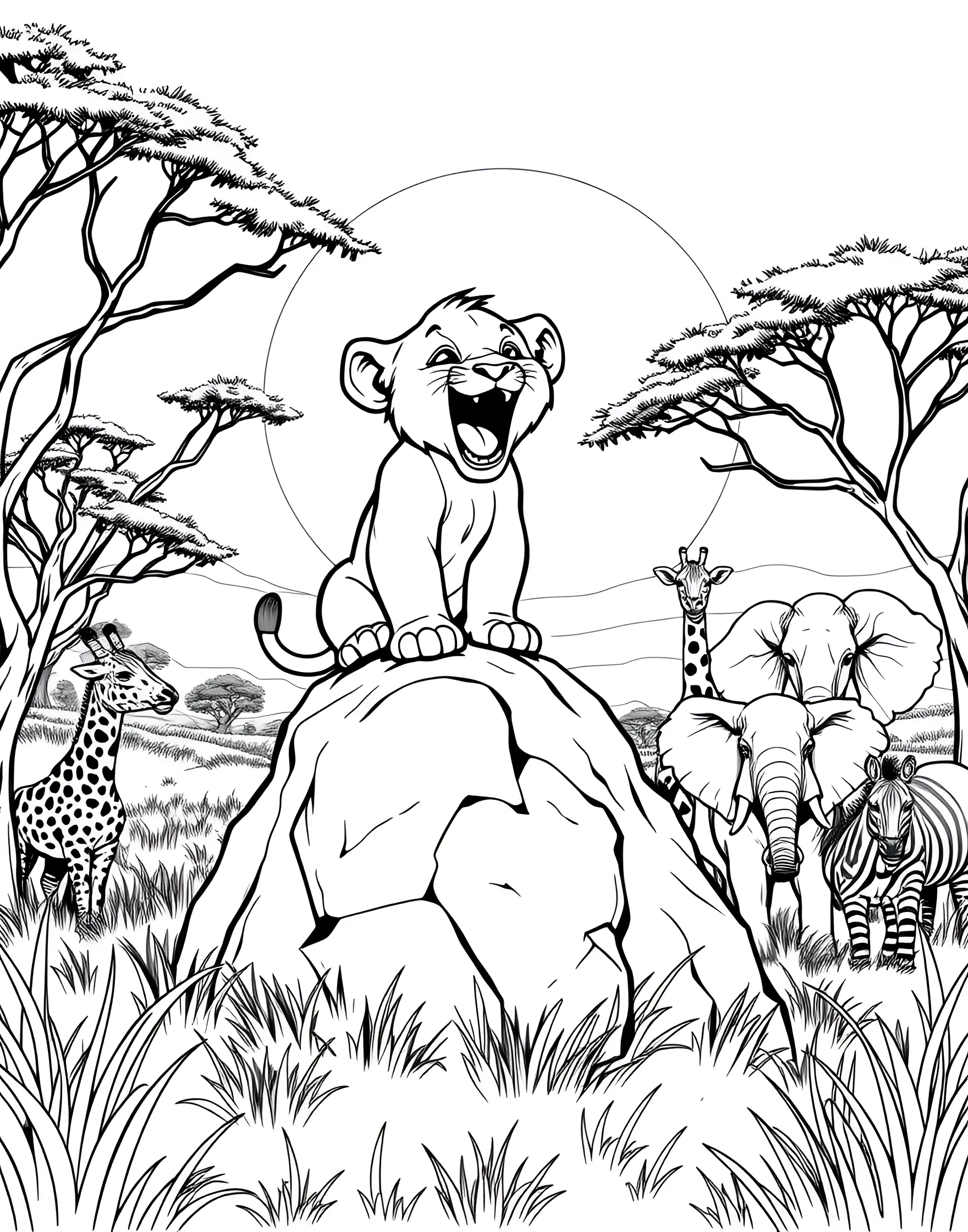 Lion Cub's First Roar Coloring Page -- prompt: "A lion cub trying to roar for the first time, with other savanna animals reacting in the background." -- This cute and comical coloring page shows a young lion cub attempting its first mighty roar. Nearby animals react with a mix of amusement and indulgence to the cub's efforts. It's a fun choice for those who enjoy coloring humorous and endearing animal scenes.