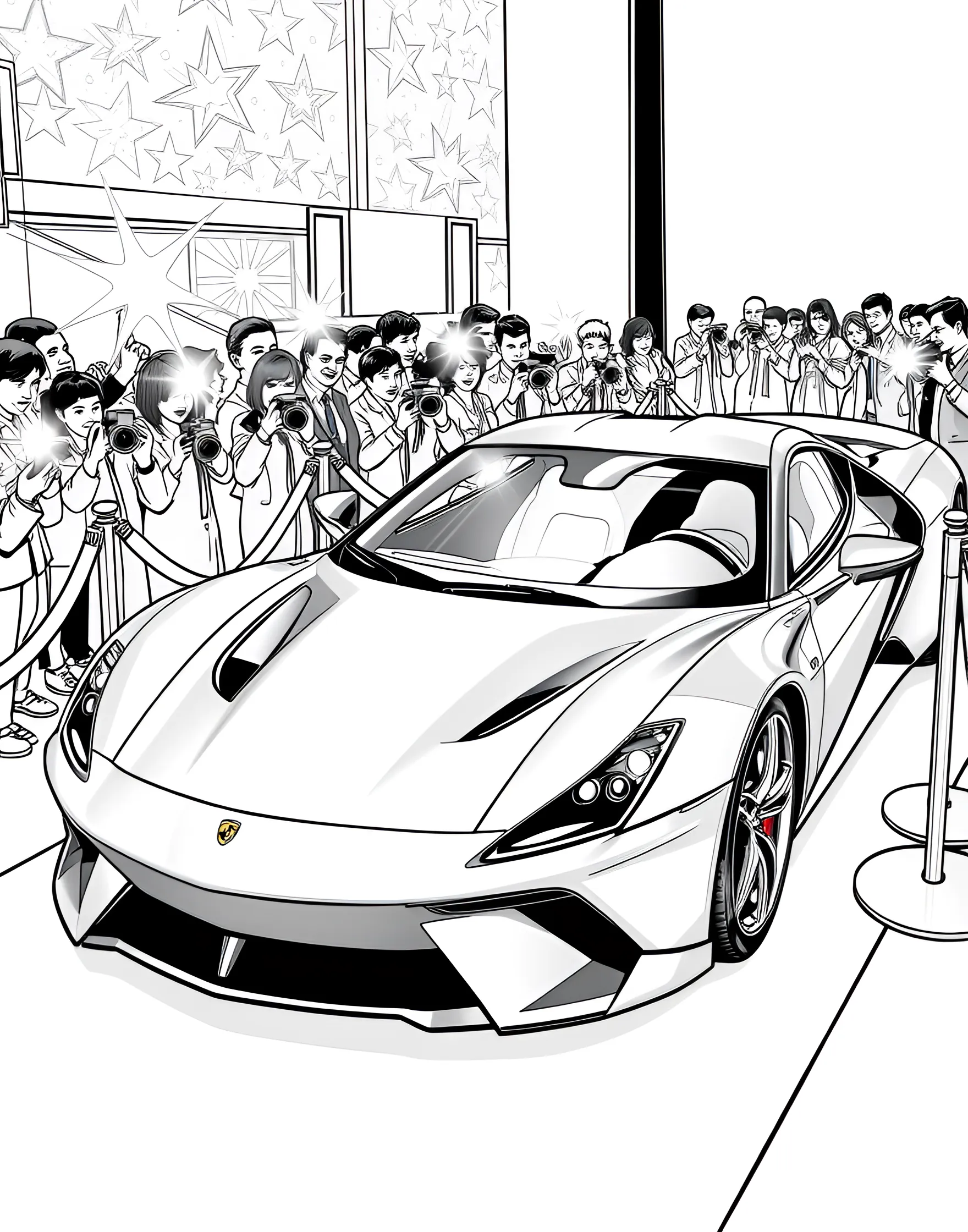 Luxury Sports Car at a Red Carpet Event Coloring Page -- prompt: "A luxury sports car on a red carpet with paparazzi and fans in the background." -- Experience the glamour of high society with this luxurious coloring page. A sleek, high-end sports car is parked on a red carpet, surrounded by flashing cameras and adoring fans. The intricate details of the car's design offer a fun challenge for coloring enthusiasts who appreciate the finer things in life.