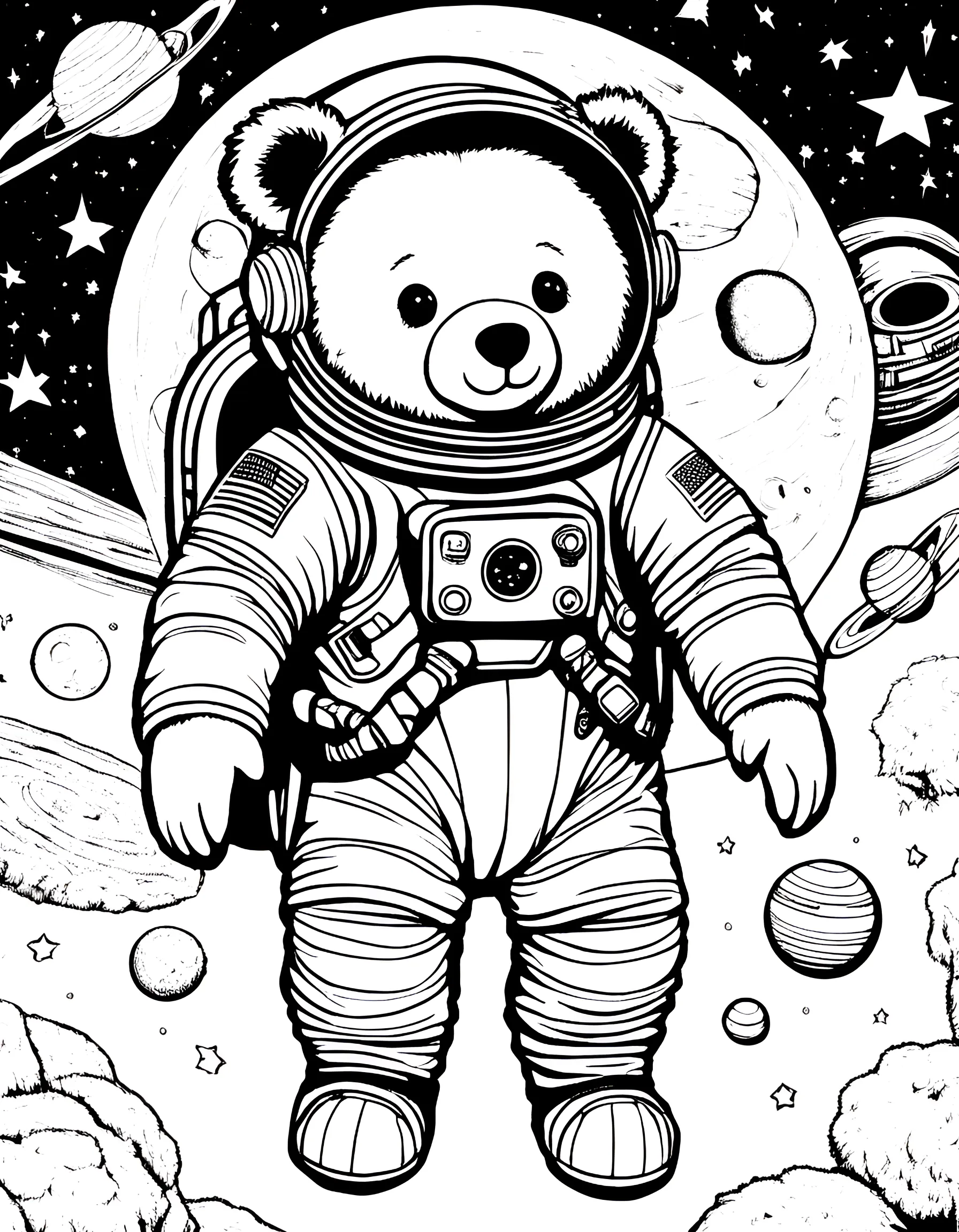 Teddy Bear Astronaut Coloring Page -- prompt: "A teddy bear wearing a spacesuit, floating in space surrounded by stars and planets." -- Blast off into imagination with this out-of-this-world coloring page featuring a teddy bear astronaut. The stuffed bear is dressed in a spacesuit, floating among stars and planets. This whimsical scene combines the comfort of a beloved toy with the excitement of space exploration.