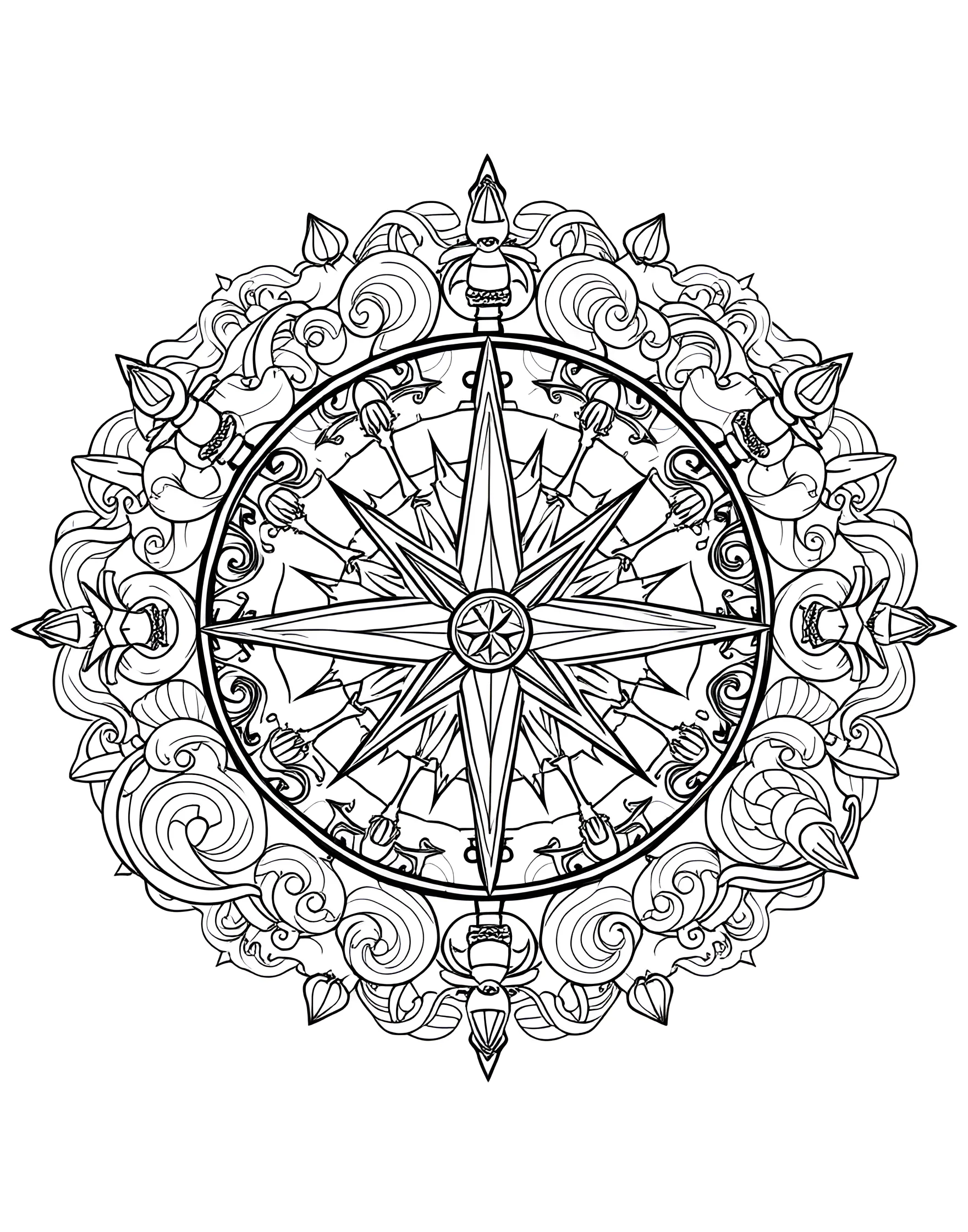 Nautical Compass Rose Mandala Coloring Page -- prompt: "A mandala centered around a compass rose, with nautical elements like waves, shells, and maritime symbols forming the circular design." -- Set sail on a coloring adventure with this nautical-themed mandala. A compass rose forms the center, surrounded by waves, shells, and maritime symbols. This page is perfect for ocean lovers and those dreaming of far-off shores.