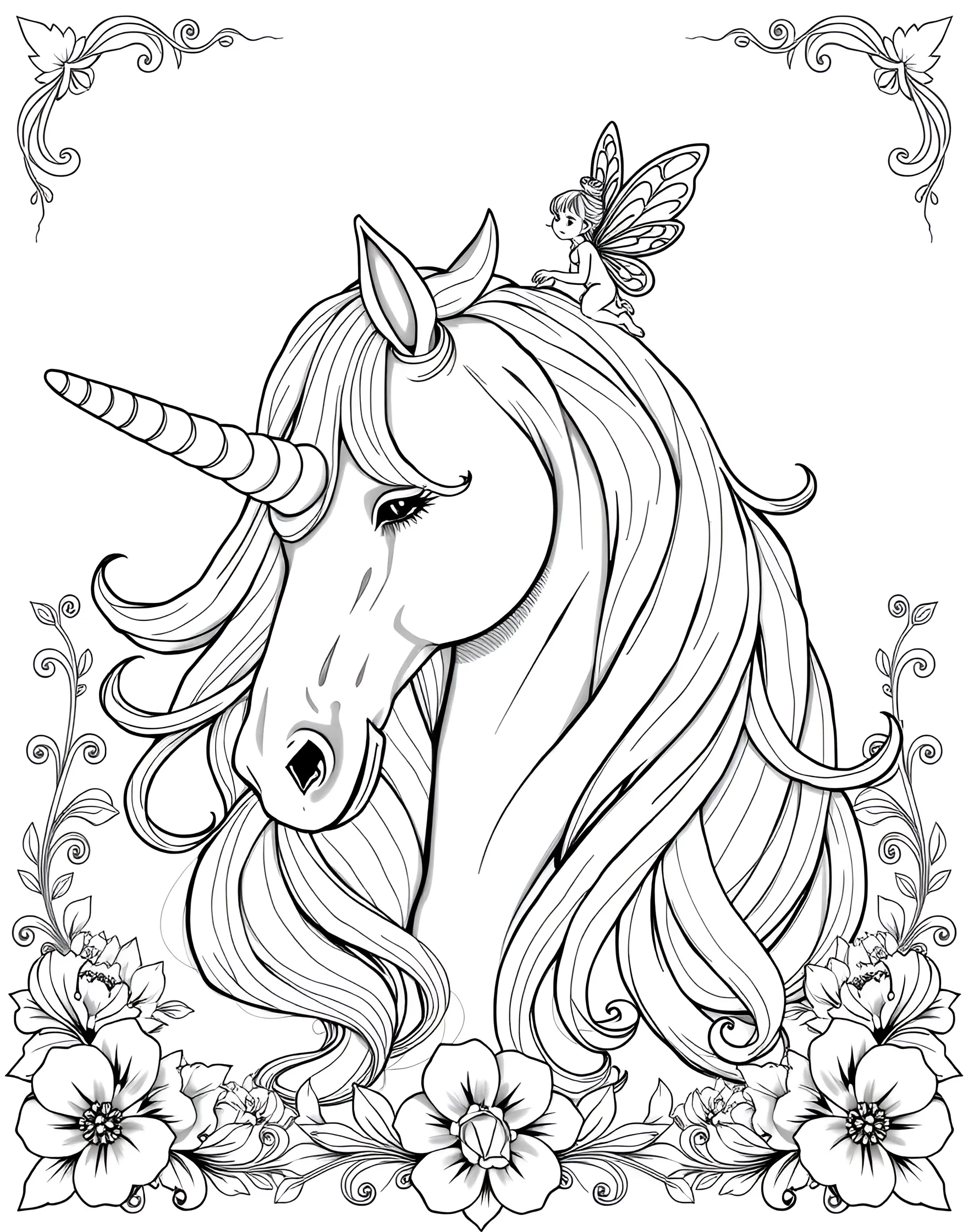 Unicorn and Fairy Coloring Page -- prompt: "A unicorn bowing its head to a tiny fairy sitting on its horn." -- This magical coloring page brings together two enchanted beings – a majestic unicorn and a tiny fairy. The unicorn is shown bowing its head to allow the fairy to sit on its horn. This charming interaction offers a beautiful blend of size contrasts and magical elements to color.