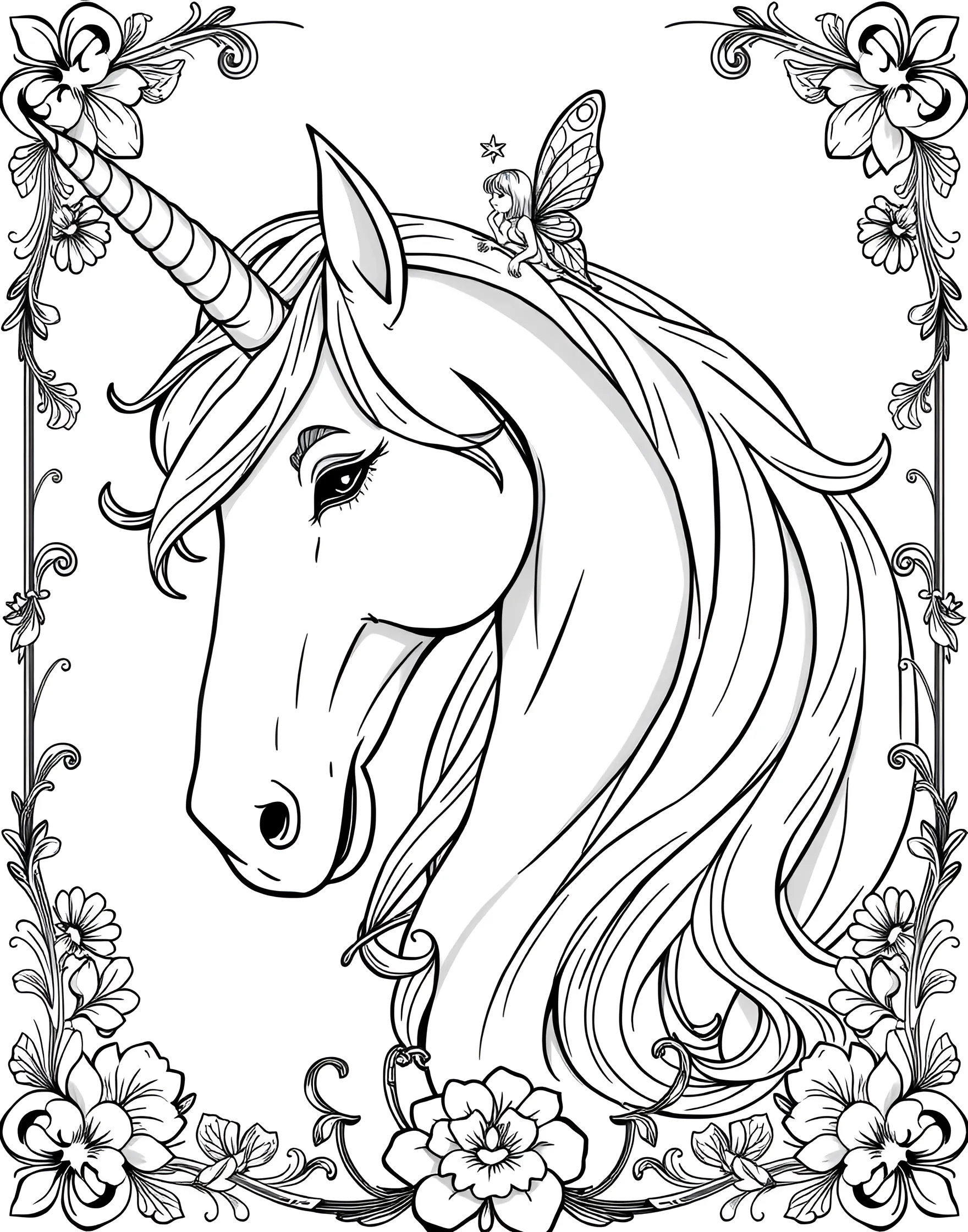 Unicorn and Fairy Coloring Page -- prompt: "A unicorn bowing its head to a tiny fairy sitting on its horn." -- This magical coloring page brings together two enchanted beings – a majestic unicorn and a tiny fairy. The unicorn is shown bowing its head to allow the fairy to sit on its horn. This charming interaction offers a beautiful blend of size contrasts and magical elements to color.