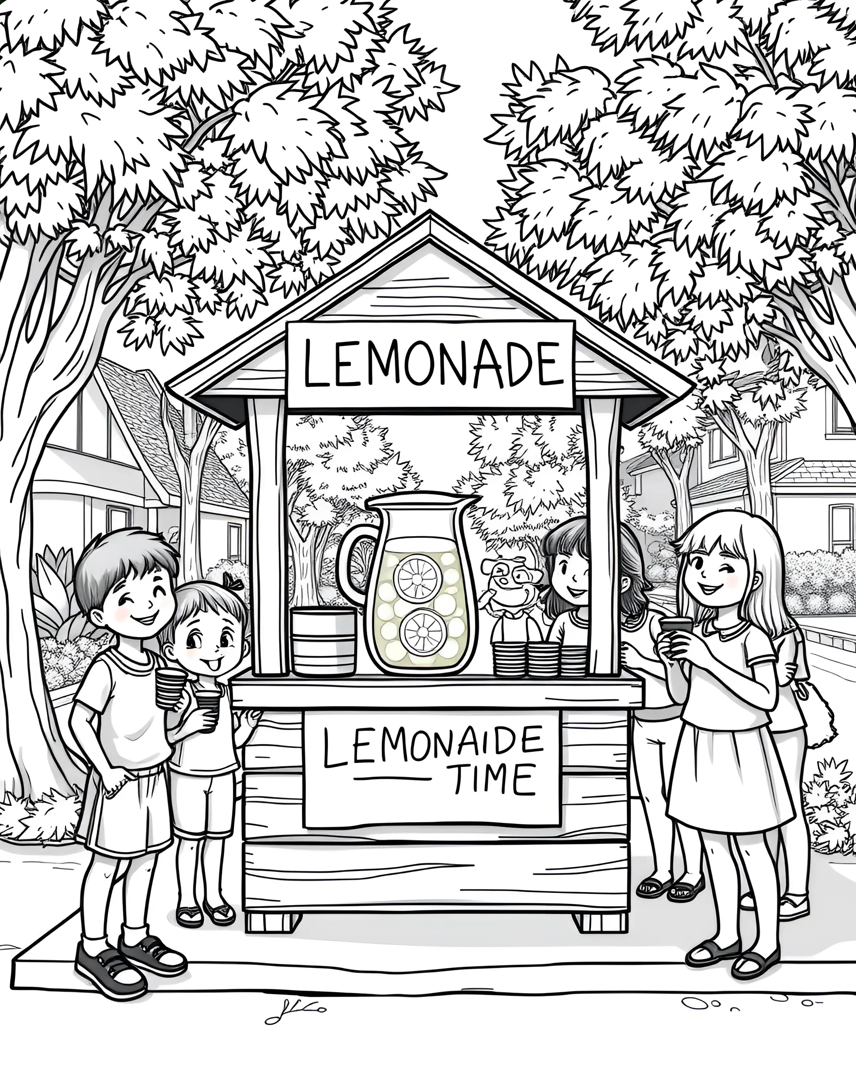 Lemonade Stand Success Coloring Page -- prompt: "Children operating a lemonade stand with customers on a sunny street." -- Celebrate young entrepreneurship with this classic summer scene. Children run a bustling lemonade stand, serving refreshing drinks to smiling customers. This page captures the essence of summer initiative and community spirit.