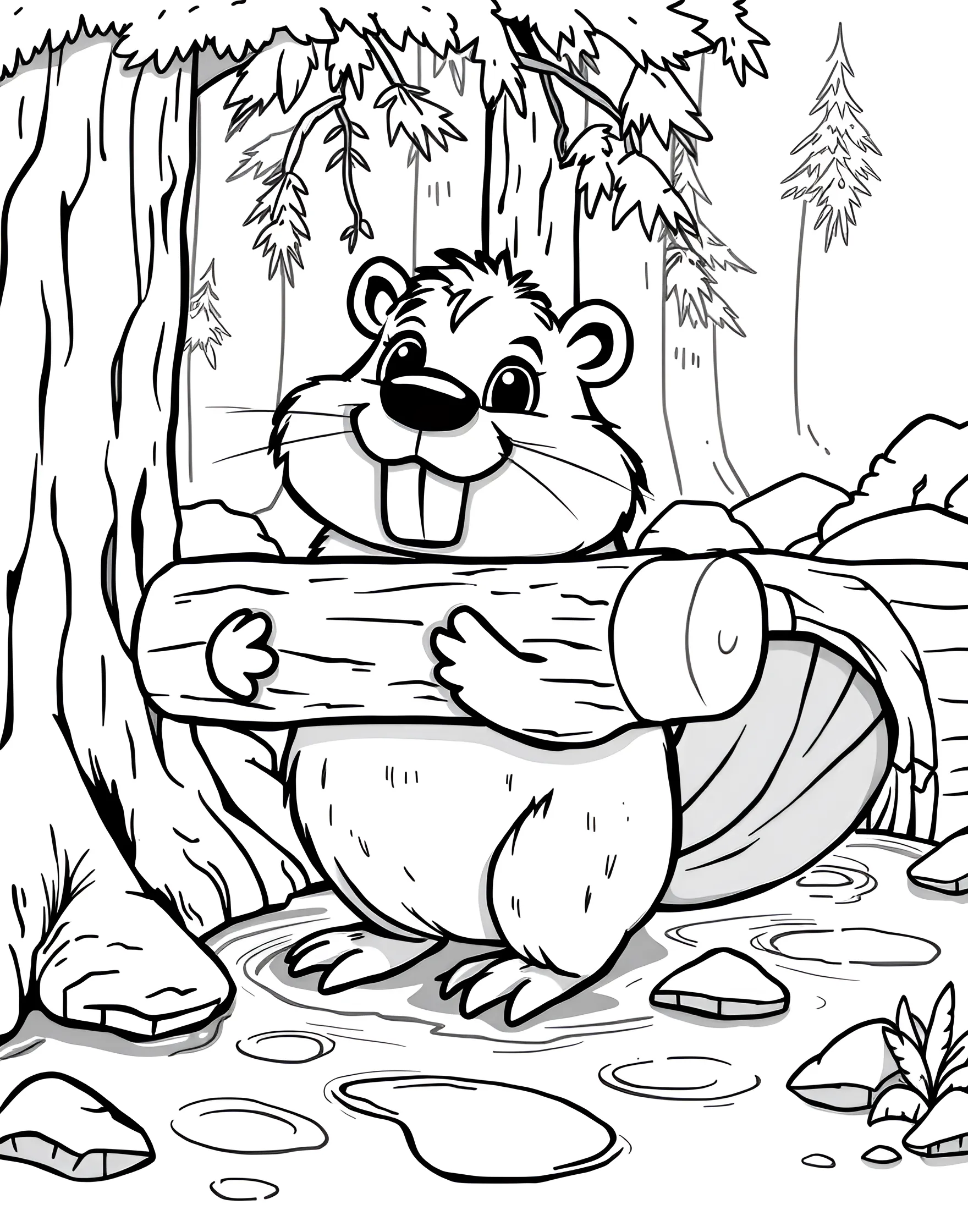 Busy Beaver Building a Dam Coloring Page -- prompt: "A cartoon beaver carrying a small log in its mouth, standing by a partially built dam in a forest stream." -- This industrious coloring page features a hardworking beaver constructing its dam in a flowing stream. The beaver's flat tail and buck teeth are perfectly captured. This page is great for those who appreciate the engineering marvels of the animal kingdom.