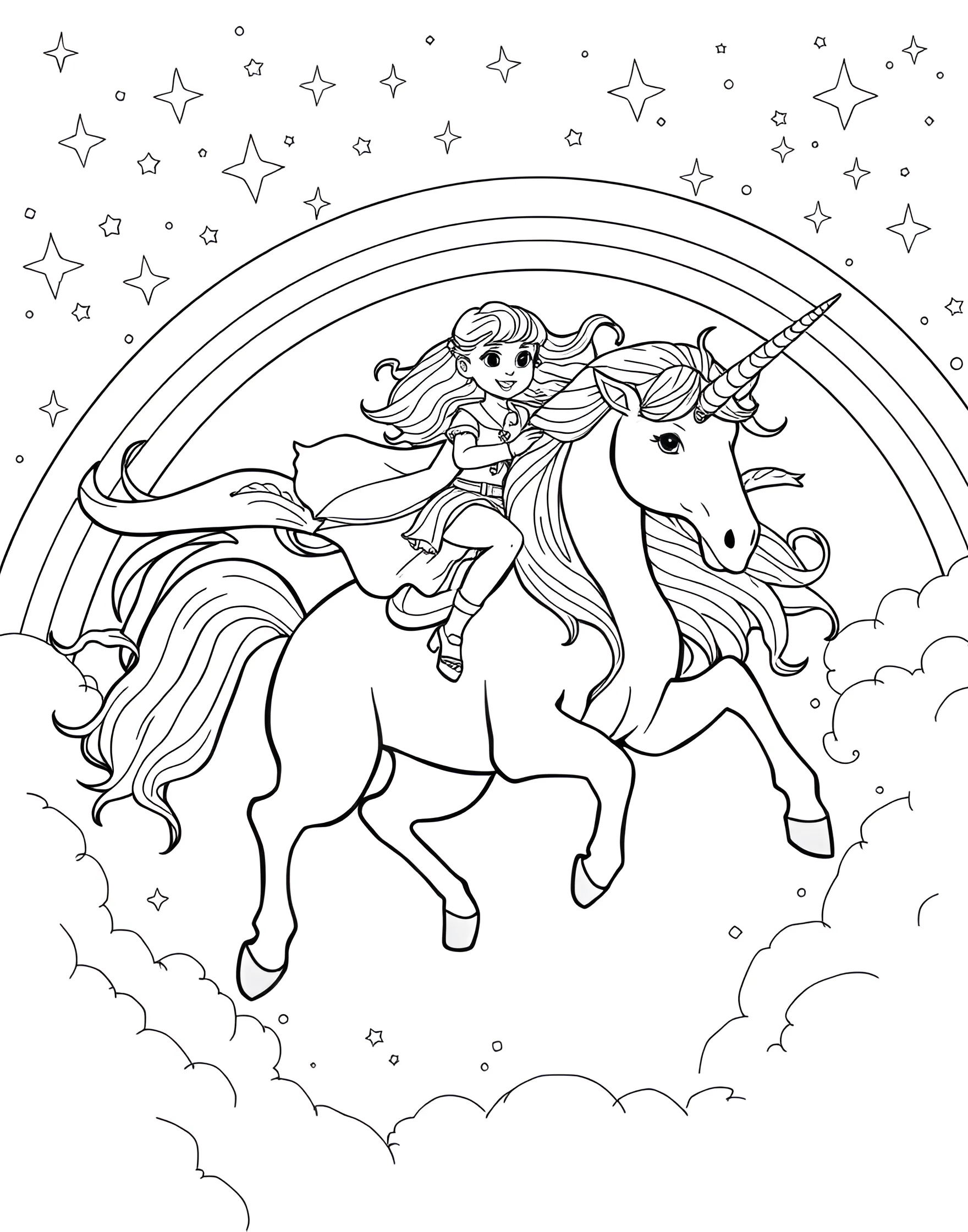 Magical Unicorn Rider Coloring Page -- prompt: "A girl riding a unicorn through a starry sky with rainbows in the background." -- Transport young artists to a world of fantasy with this magical unicorn rider coloring page. A girl sits atop a majestic unicorn with a flowing mane and tail, surrounded by twinkling stars and rainbows. The enchanting scene offers endless possibilities for imaginative coloring.