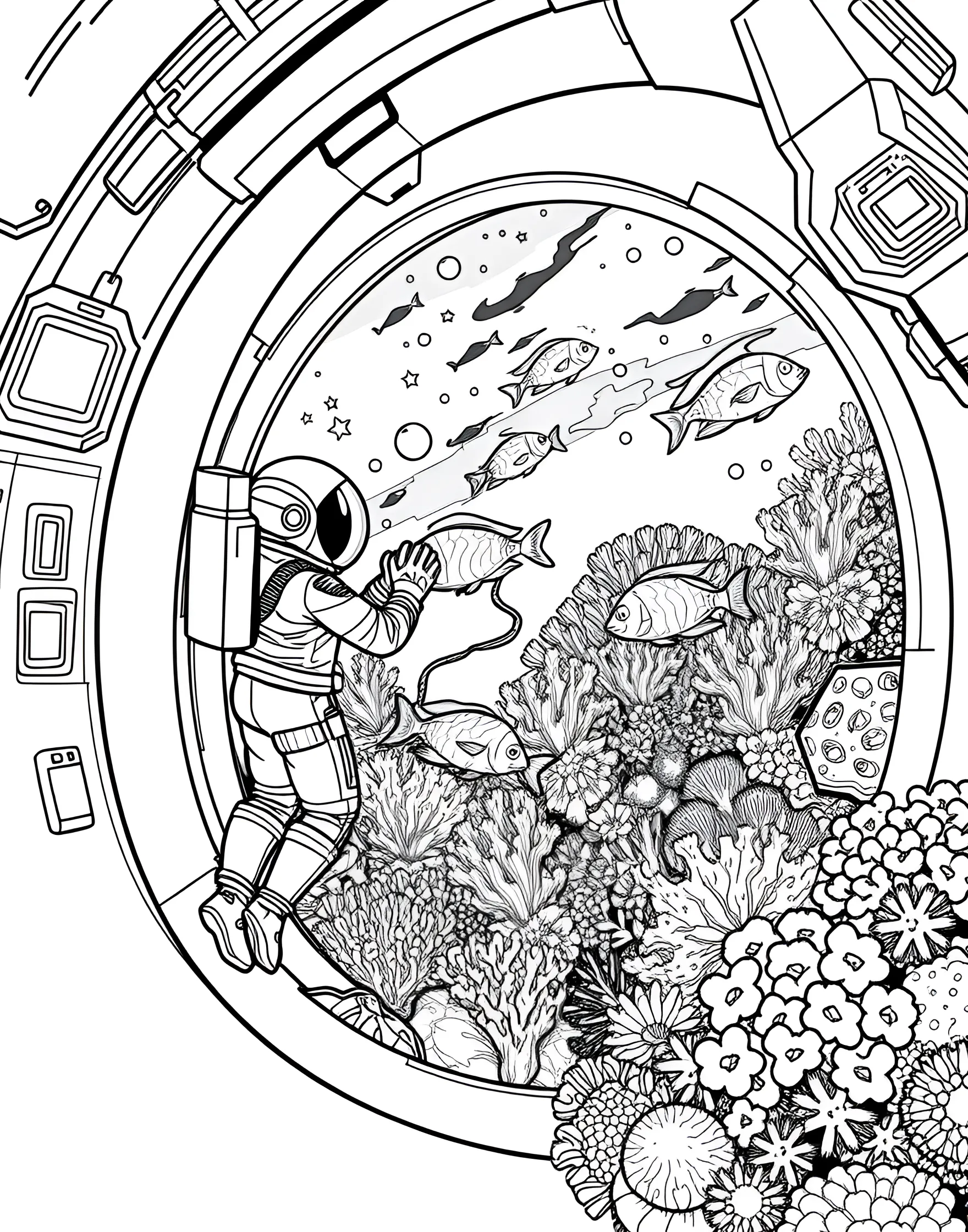 Space Coral Reef Restoration Coloring Page -- prompt: "Astronaut marine biologists tending to a colorful coral reef inside a massive space aquarium filled with exotic fish." -- Combine environmentalism with space exploration in this space coral reef restoration coloring page. The scene depicts astronaut marine biologists tending to a colorful coral reef inside a massive space aquarium. Exotic fish and alien sea creatures swim among the corals, showcasing efforts to preserve Earth's ecosystems in space.