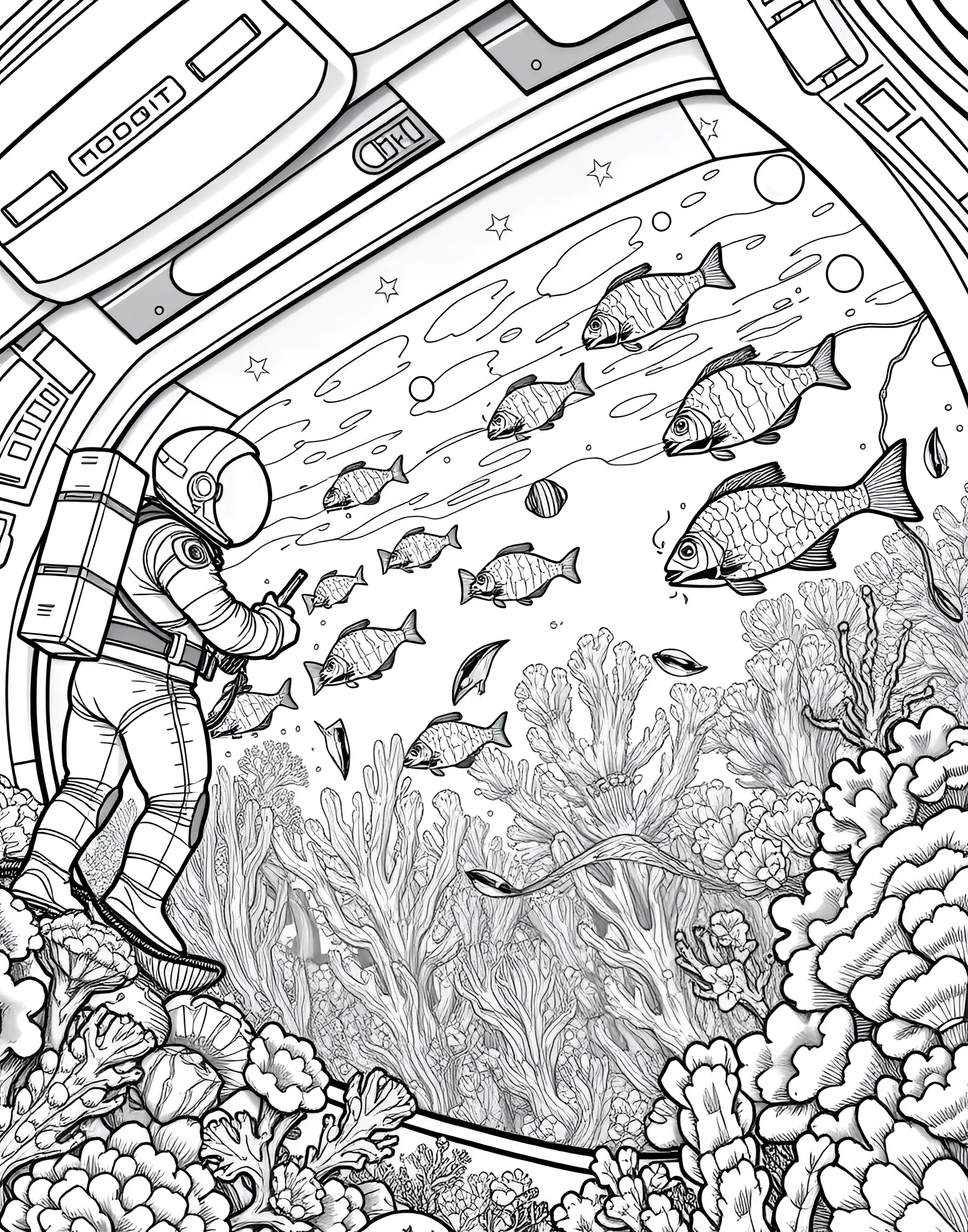 Space Coral Reef Restoration Coloring Page -- prompt: "Astronaut marine biologists tending to a colorful coral reef inside a massive space aquarium filled with exotic fish." -- Combine environmentalism with space exploration in this space coral reef restoration coloring page. The scene depicts astronaut marine biologists tending to a colorful coral reef inside a massive space aquarium. Exotic fish and alien sea creatures swim among the corals, showcasing efforts to preserve Earth's ecosystems in space.