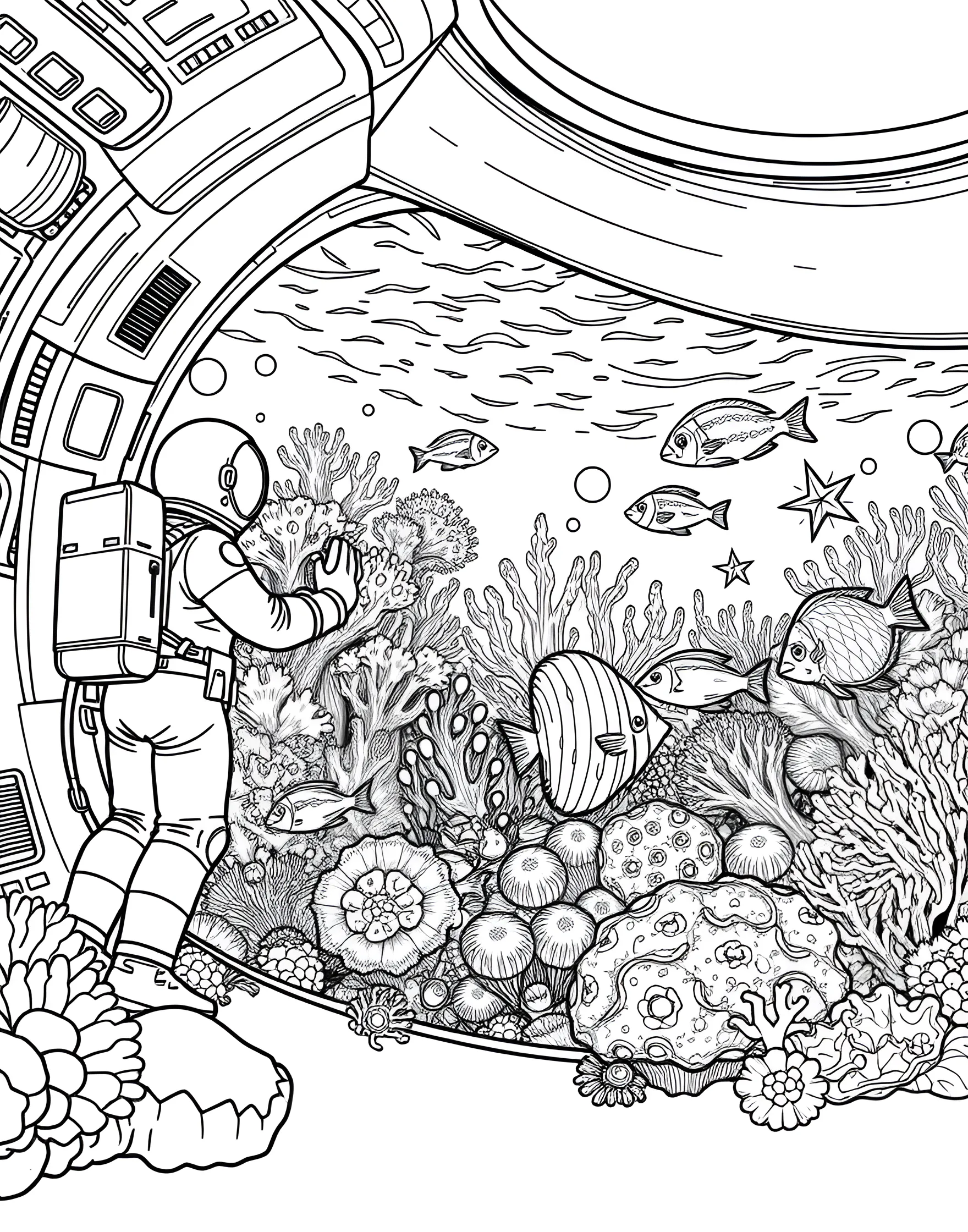 Space Coral Reef Restoration Coloring Page -- prompt: "Astronaut marine biologists tending to a colorful coral reef inside a massive space aquarium filled with exotic fish." -- Combine environmentalism with space exploration in this space coral reef restoration coloring page. The scene depicts astronaut marine biologists tending to a colorful coral reef inside a massive space aquarium. Exotic fish and alien sea creatures swim among the corals, showcasing efforts to preserve Earth's ecosystems in space.