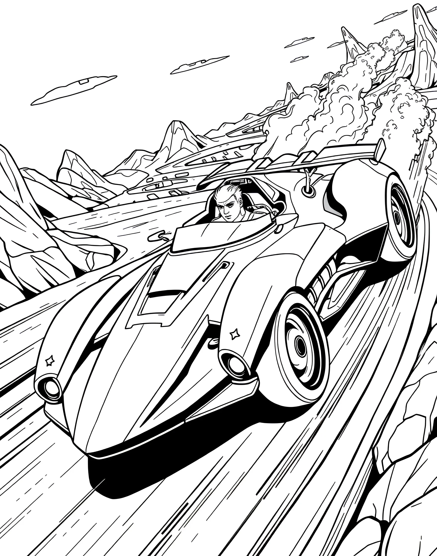 Rocket-Powered Race Car Coloring Page -- prompt: "A futuristic race car with rocket boosters speeding along a track, leaving a trail of flames." -- Blast into the future of racing with this rocket-powered race car coloring page. A sleek, futuristic car equipped with powerful rocket boosters zooms along a track at incredible speeds. Boys who love both cars and space will be thrilled to color this high-tech racing machine.