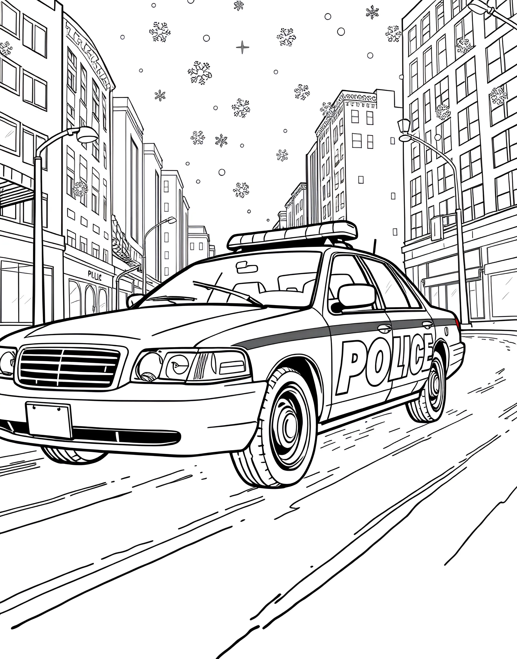 Police Car in the Snow Coloring Page -- prompt: "A police car driving through a snowy street with falling snowflakes." -- This winter-themed coloring page shows a police car navigating through a snowy street. Snowflakes fall around the vehicle, and snow banks line the road. It's a great way to combine the excitement of police cars with the beauty of winter scenes.