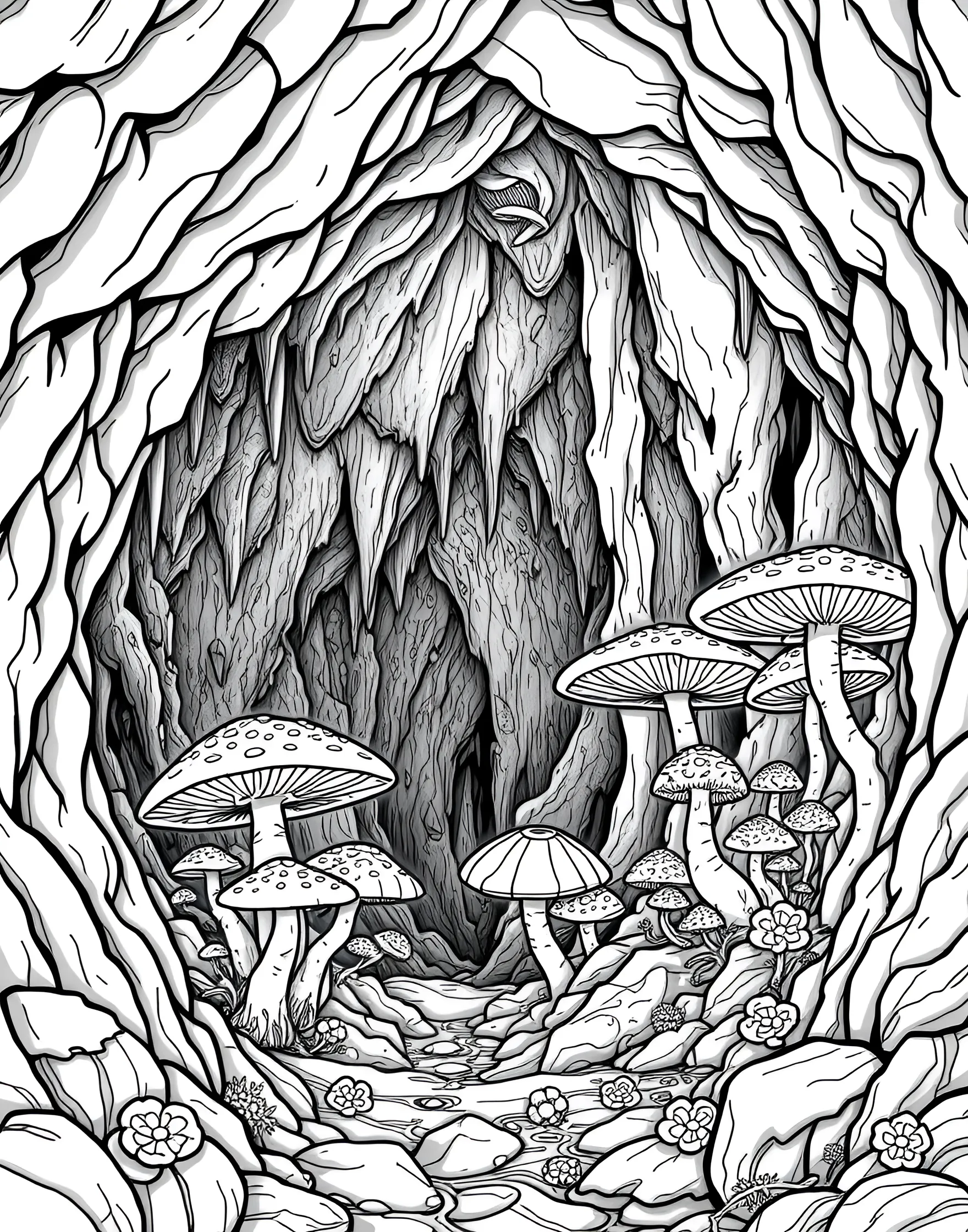 Bioluminescent Mushroom Cave Coloring Page -- prompt: "A dark cave filled with various glowing, bioluminescent mushrooms of different shapes and sizes." -- Explore the mysterious world of bioluminescent fungi with this captivating cave scene. Glowing mushrooms of various shapes and sizes illuminate a dark cave, creating a magical atmosphere. This page allows colorists to experiment with contrast and create a stunning luminous effect.