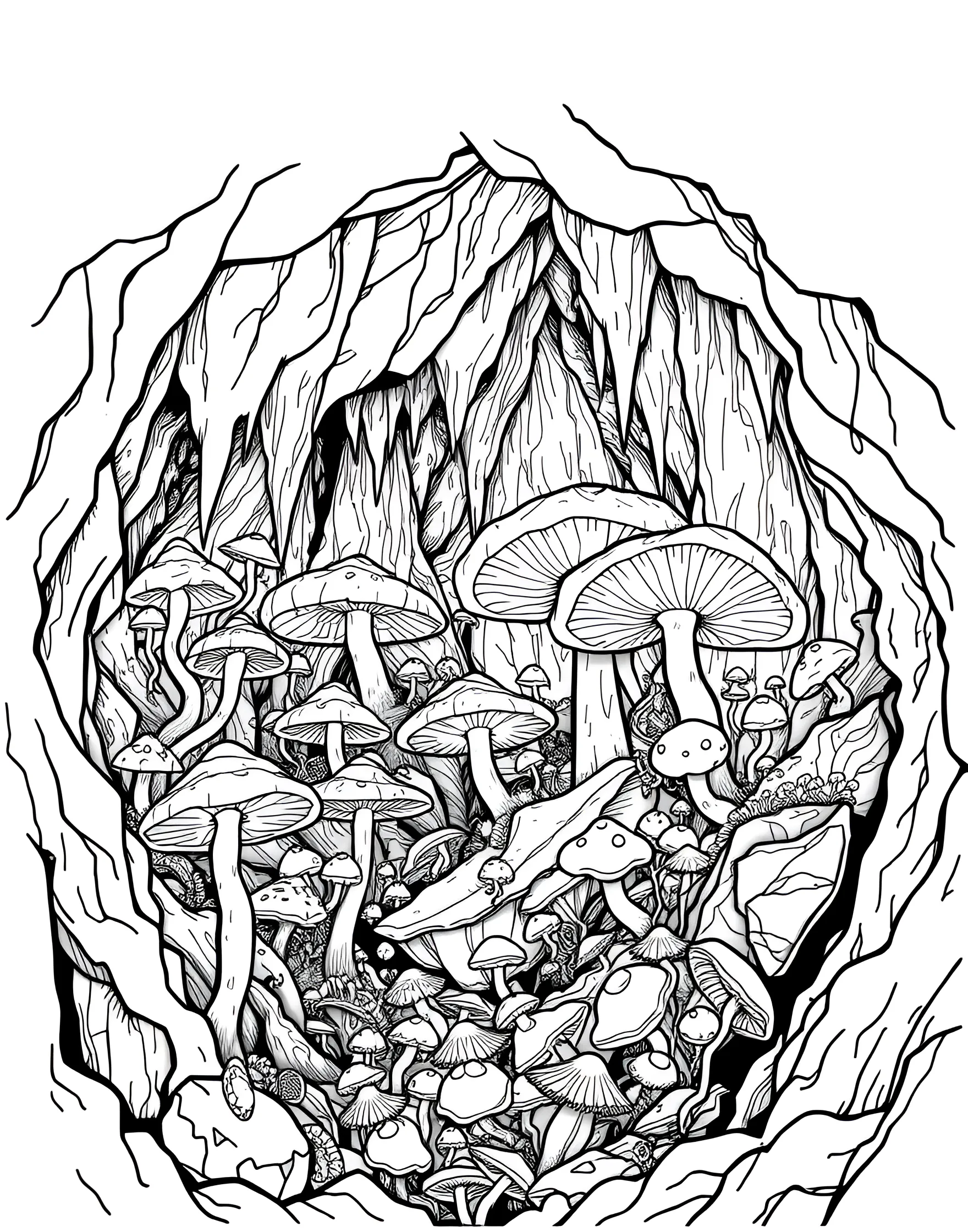 Bioluminescent Mushroom Cave Coloring Page -- prompt: "A dark cave filled with various glowing, bioluminescent mushrooms of different shapes and sizes." -- Explore the mysterious world of bioluminescent fungi with this captivating cave scene. Glowing mushrooms of various shapes and sizes illuminate a dark cave, creating a magical atmosphere. This page allows colorists to experiment with contrast and create a stunning luminous effect.