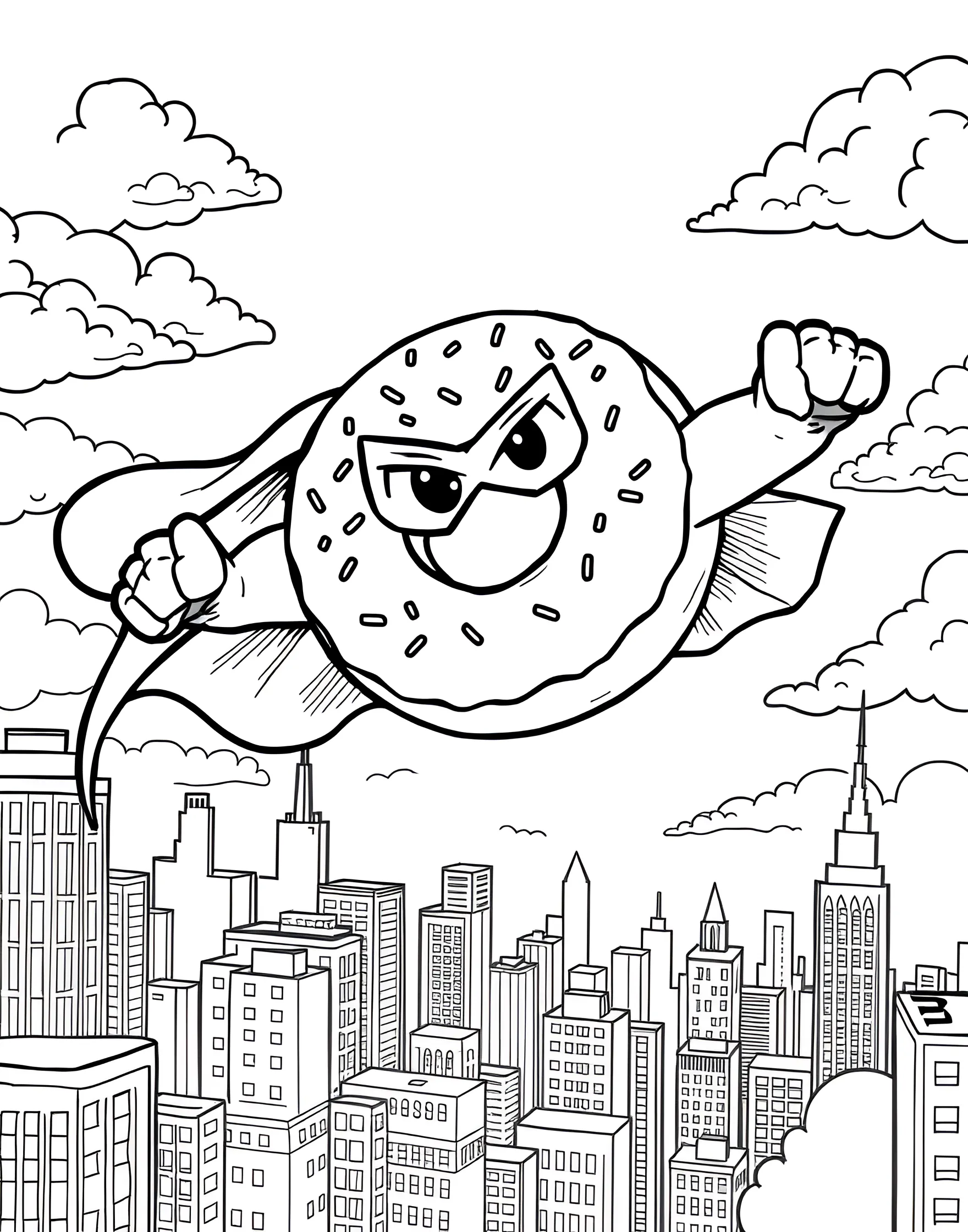 Donut Superhero to the Rescue Coloring Page -- prompt: "A donut wearing a superhero cape and mask, flying through the air." -- Unleash your imagination with this whimsical donut superhero coloring page. The brave pastry protagonist wears a cape and mask, ready to save the day with its sweet powers. This page is perfect for kids who love to combine their favorite treats with fantastical scenarios.