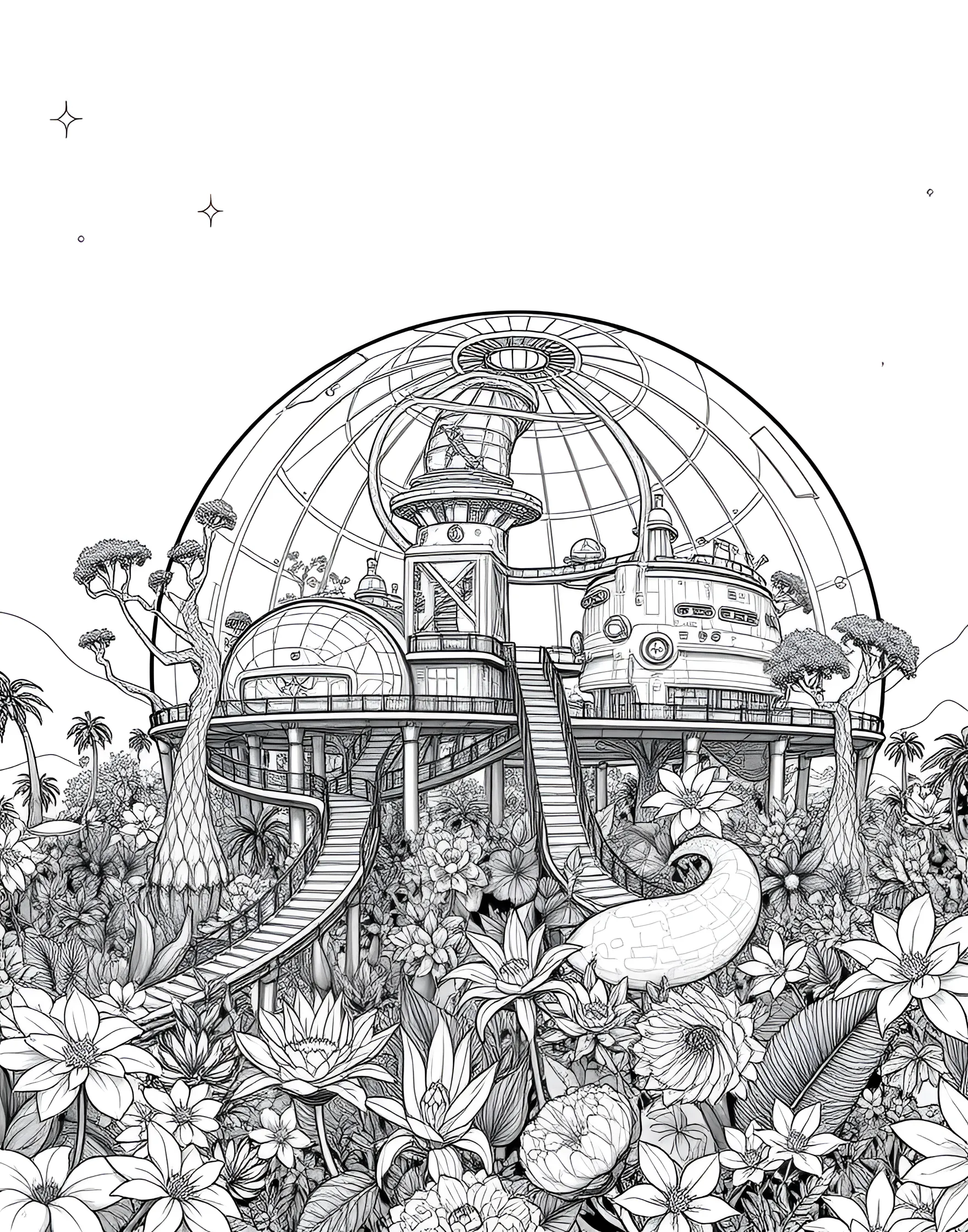 Space Colony Biodome Coloring Page -- prompt: "A large biodome on an alien planet surface, containing a lush ecosystem with visible habitation areas." -- Imagine life on another world with this space colony biodome coloring page. The large, transparent dome houses a thriving ecosystem complete with plants, water features, and habitation areas. Outside the dome, the harsh alien landscape contrasts with the lush interior, highlighting the ingenuity required for off-world living.