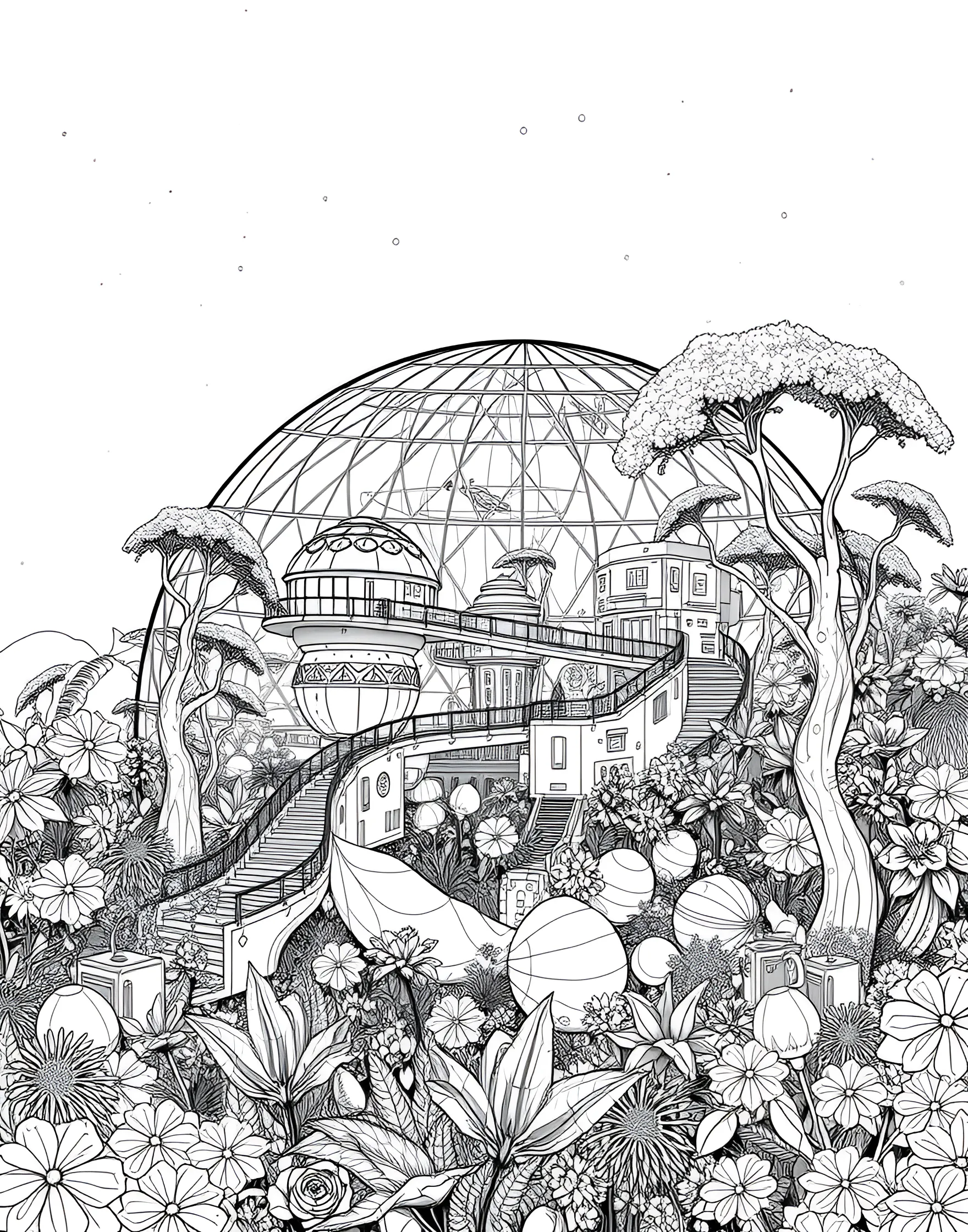 Space Colony Biodome Coloring Page -- prompt: "A large biodome on an alien planet surface, containing a lush ecosystem with visible habitation areas." -- Imagine life on another world with this space colony biodome coloring page. The large, transparent dome houses a thriving ecosystem complete with plants, water features, and habitation areas. Outside the dome, the harsh alien landscape contrasts with the lush interior, highlighting the ingenuity required for off-world living.