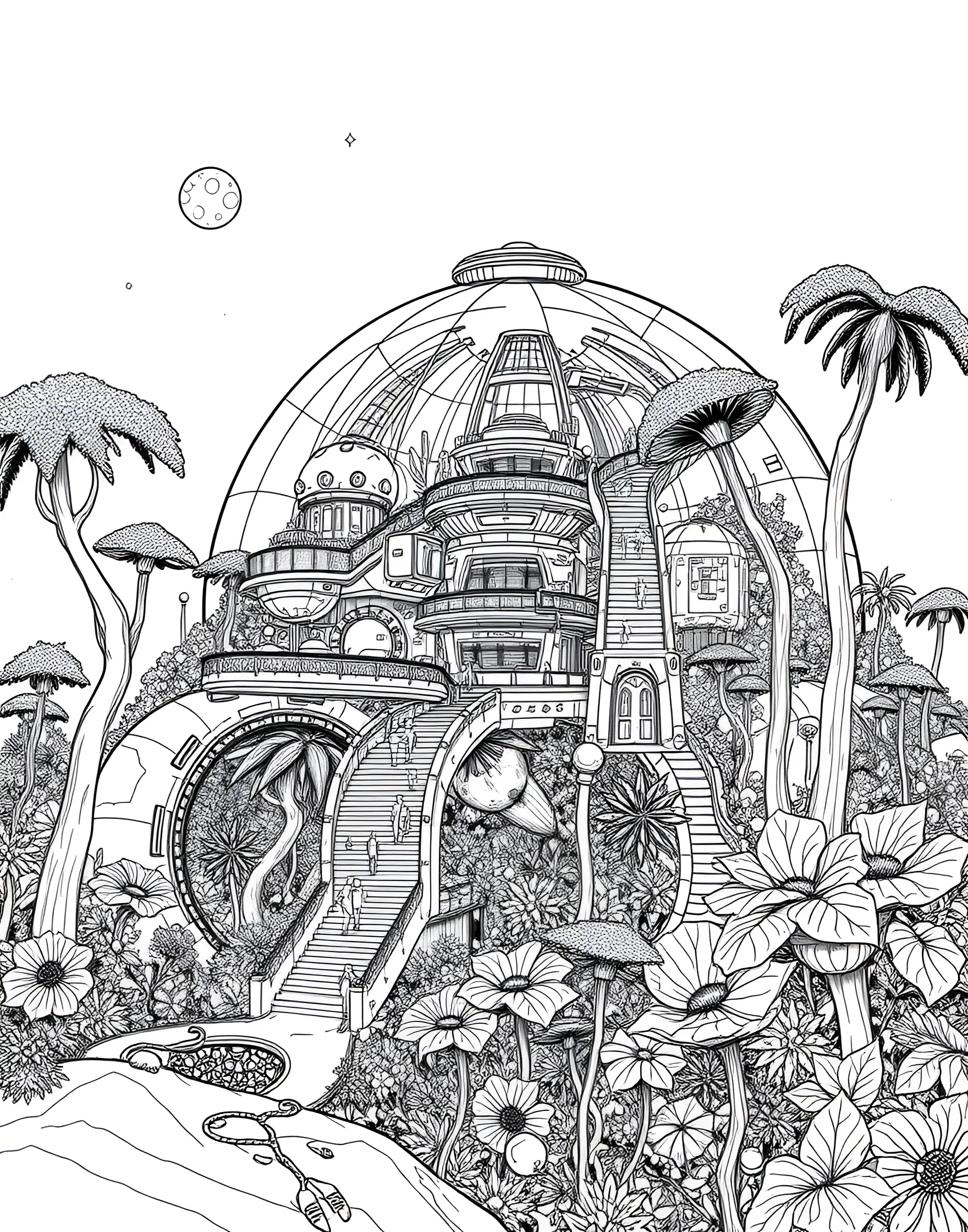 Space Colony Biodome Coloring Page -- prompt: "A large biodome on an alien planet surface, containing a lush ecosystem with visible habitation areas." -- Imagine life on another world with this space colony biodome coloring page. The large, transparent dome houses a thriving ecosystem complete with plants, water features, and habitation areas. Outside the dome, the harsh alien landscape contrasts with the lush interior, highlighting the ingenuity required for off-world living.