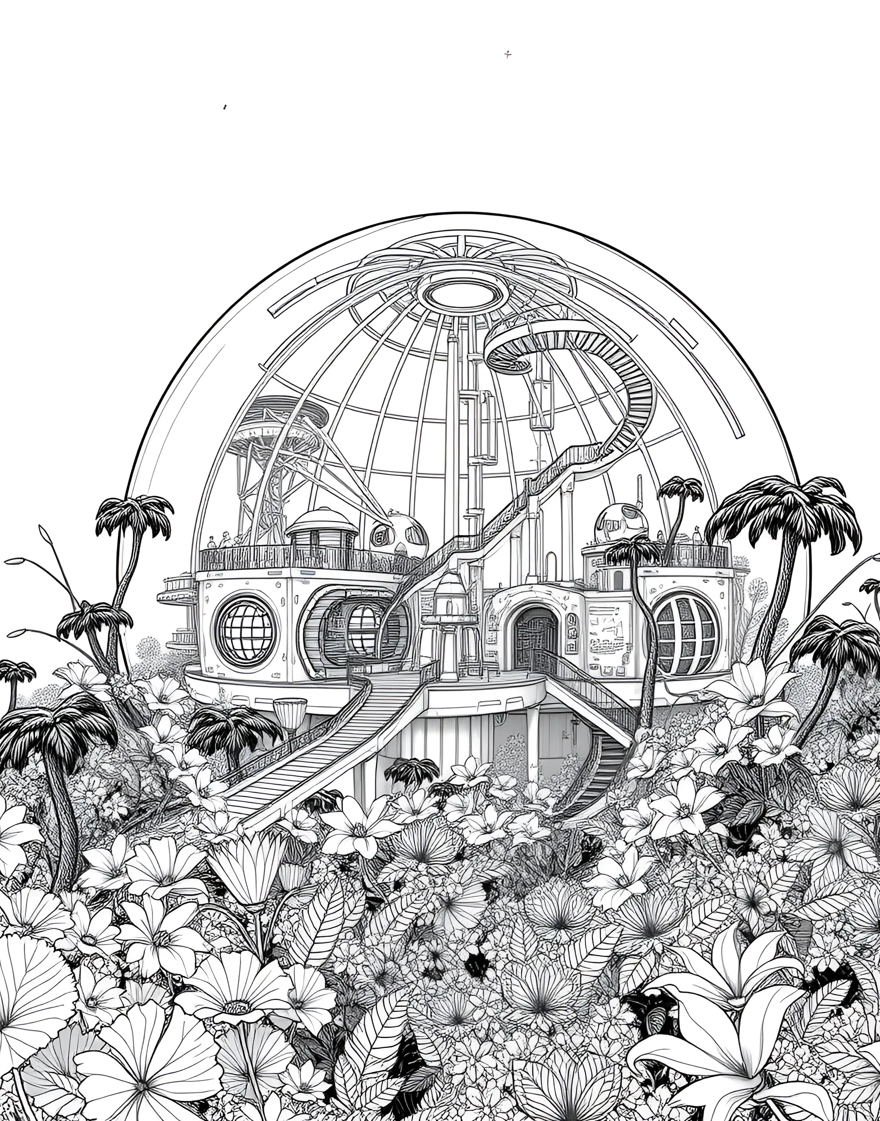 Space Colony Biodome Coloring Page -- prompt: "A large biodome on an alien planet surface, containing a lush ecosystem with visible habitation areas." -- Imagine life on another world with this space colony biodome coloring page. The large, transparent dome houses a thriving ecosystem complete with plants, water features, and habitation areas. Outside the dome, the harsh alien landscape contrasts with the lush interior, highlighting the ingenuity required for off-world living.