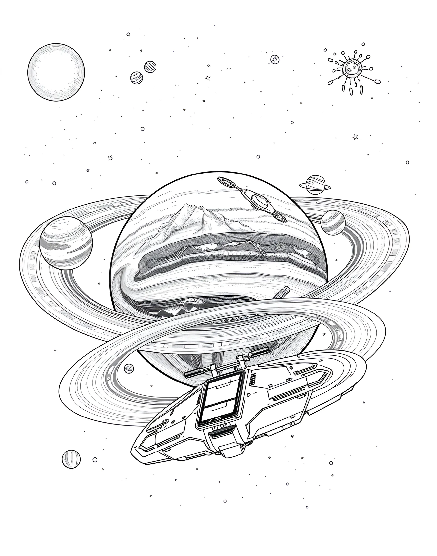 Exoplanet Exploration Coloring Page -- prompt: "An alien exoplanet with multiple moons and rings, being approached by a space probe for exploration." -- Journey to distant worlds with this exoplanet exploration coloring page. The scene depicts a newly discovered exoplanet with unique features like multiple moons, ring systems, or unusual atmospheric patterns. A space probe is shown approaching the planet, ready to uncover its secrets.