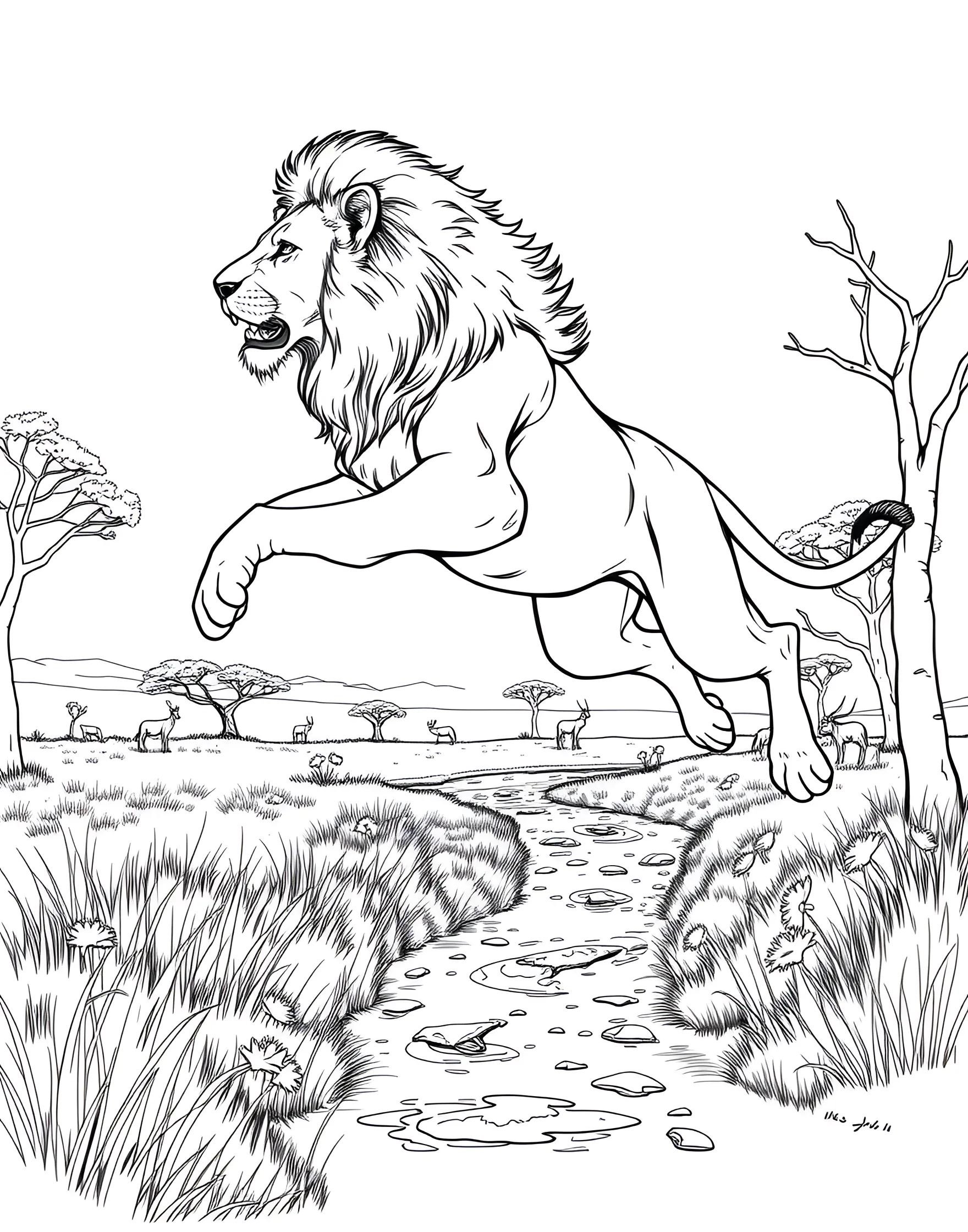 Lion Leaping Over a Stream Coloring Page -- prompt: "A lion leaping over a small stream in the savanna, its body stretched out in mid-jump." -- This action-packed coloring page shows a lion in mid-leap as it jumps over a small stream. The lion's muscles are taut, its mane flowing with the movement. It's an exciting page for those who like to color dynamic poses and capture a sense of motion in their artwork.