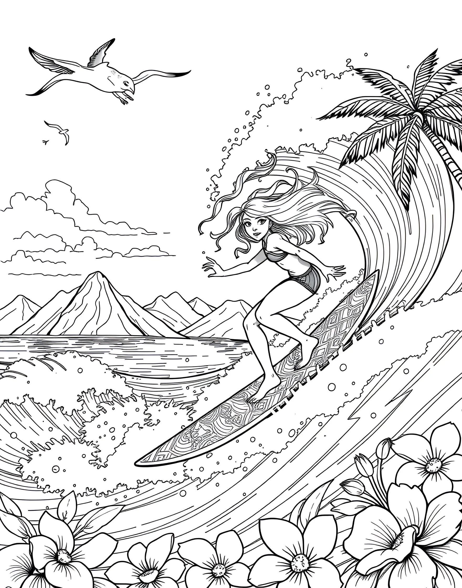 Girl Surfer Riding the Waves Coloring Page -- prompt: "A girl surfing on a big wave, with a beach and palm trees in the background." -- Catch the perfect wave with this cool surfer girl coloring page. She's shown balancing on her surfboard, riding a big wave with confidence. This page is great for beach lovers and those who admire the sport of surfing.