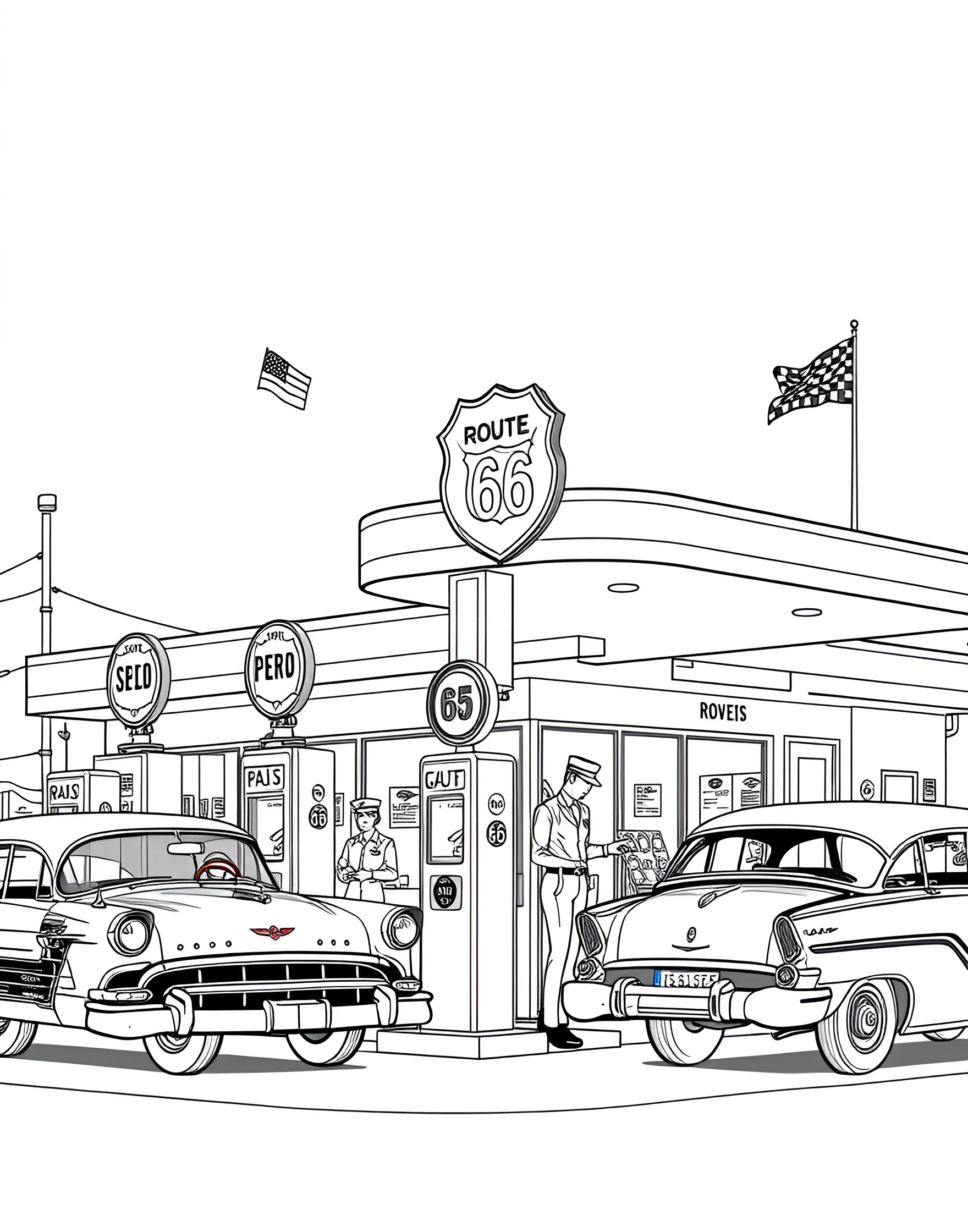 Retro Gas Station with Classic Cars Coloring Page -- prompt: "A 1950s style gas station with vintage pumps and classic cars being serviced by uniformed attendants." -- Travel back in time with this nostalgic coloring page featuring a retro gas station. The scene includes vintage pumps, classic cars being serviced, and perhaps a friendly attendant in period uniform. It's a charming snapshot of automotive history that car enthusiasts of all ages will appreciate.