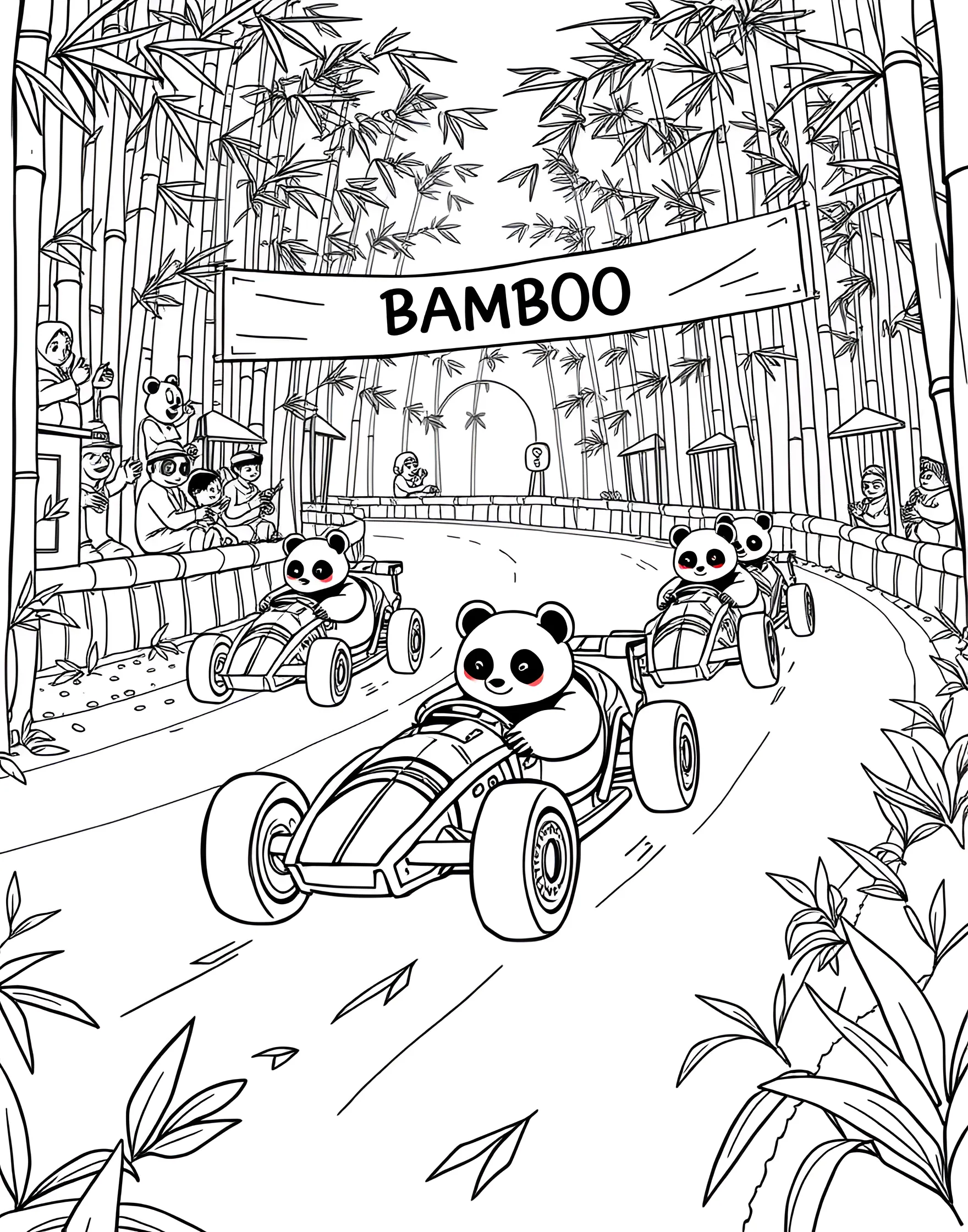 Panda's Bamboo Car Race Coloring Page -- prompt: "Pandas racing in bamboo cars on a track through a bamboo forest with spectator pandas cheering." -- Start your engines with this exciting panda racing coloring page! Pandas drive cars crafted entirely from bamboo stalks and leaves, competing on a winding track through a bamboo forest. Cheering pandas wave checkered flags made of woven leaves from the sidelines.