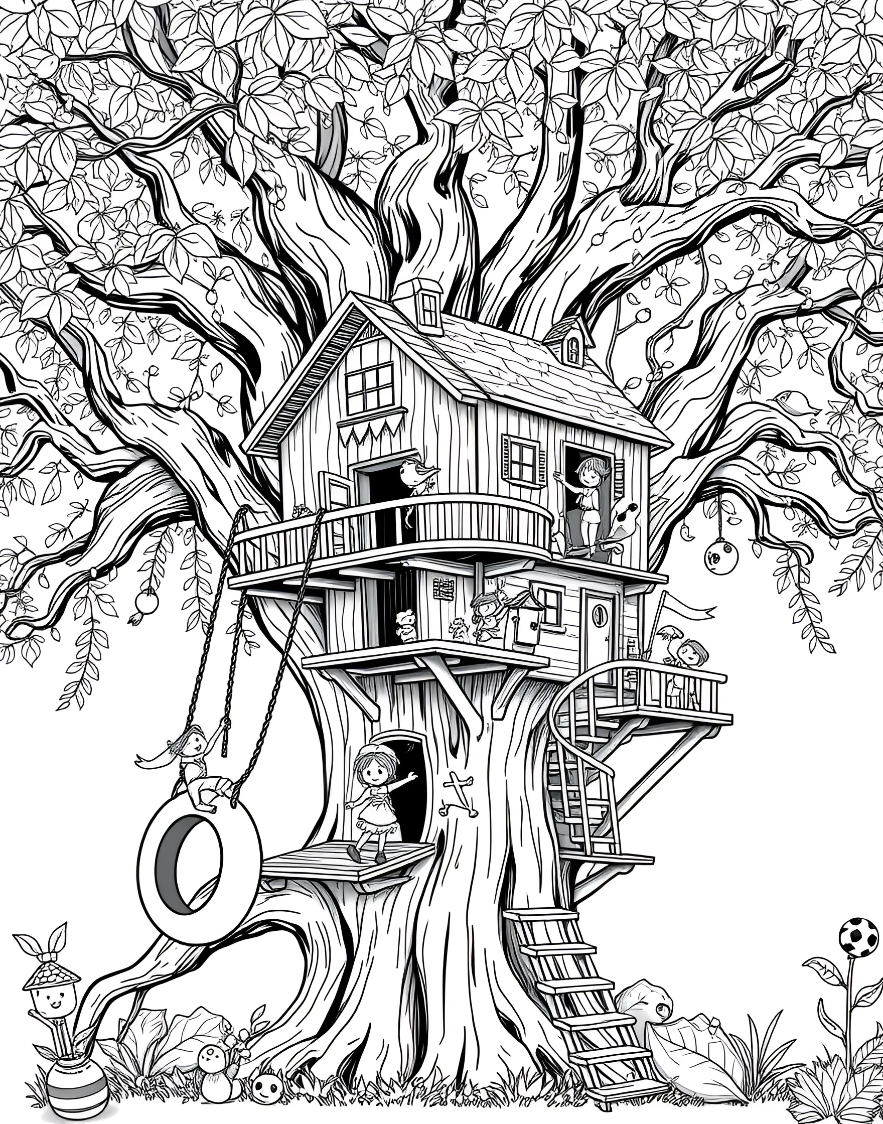 Summer Treehouse Hideaway Coloring Page -- prompt: "Children playing in and around a treehouse in a large oak tree with a tire swing." -- Climb into childhood nostalgia with this charming treehouse scene. A elaborate treehouse sits in a big oak tree, complete with a rope ladder and tire swing. Kids play around the tree, enjoying the ultimate summer hangout spot.